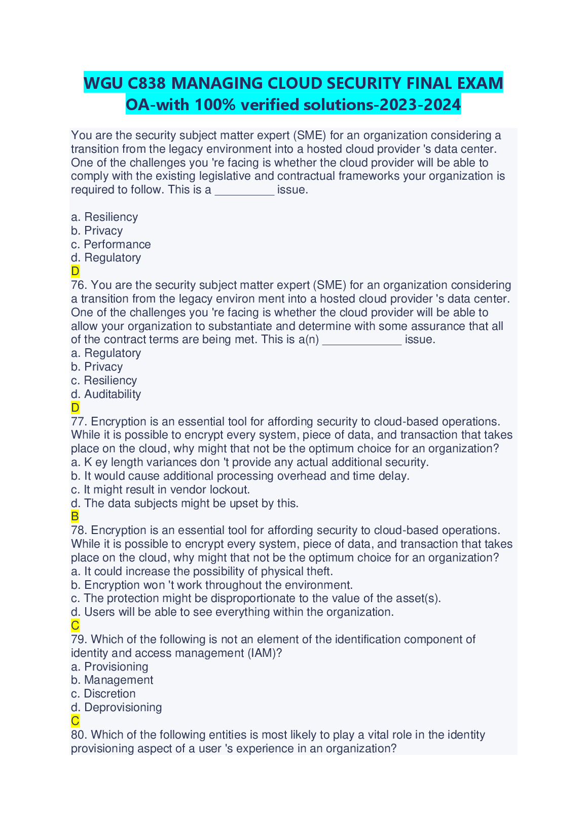 WGU C838 Managing Cloud Security Final Exam Study Guide and Practice Questions for 2023 Certification Readiness