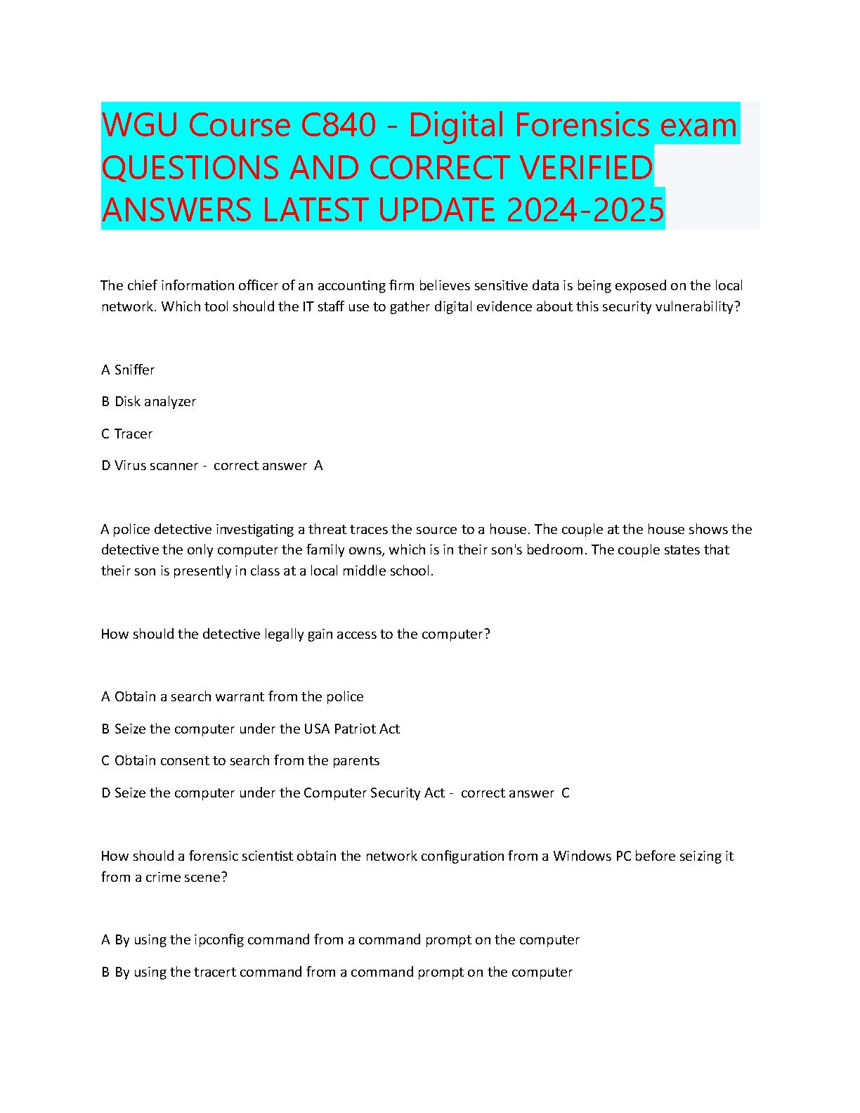 Master WGU C840: Digital Forensics Test Bank with Verified Questions & Answers | 2025-2026 Edition for First-Attempt Success