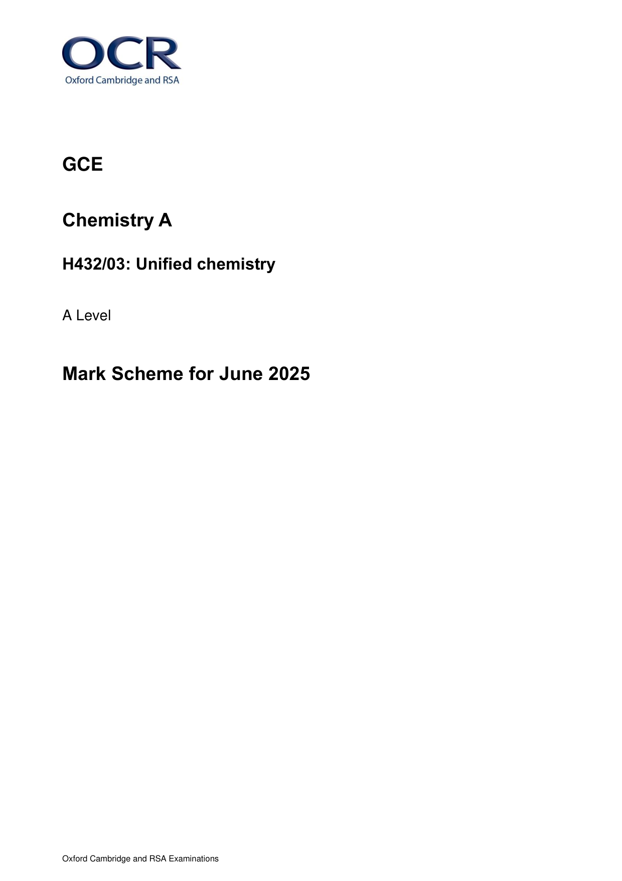 OCR A Level Chemistry A Paper 3 2025 Mark Scheme