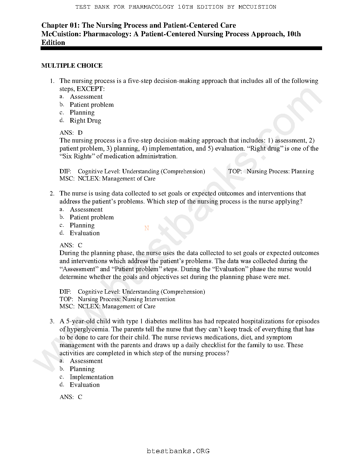 Test Bank for Pharmacology A Patient-Centered Nursing Process Approach 10th Edition by McCuistion DiMaggio Winton Yeager
