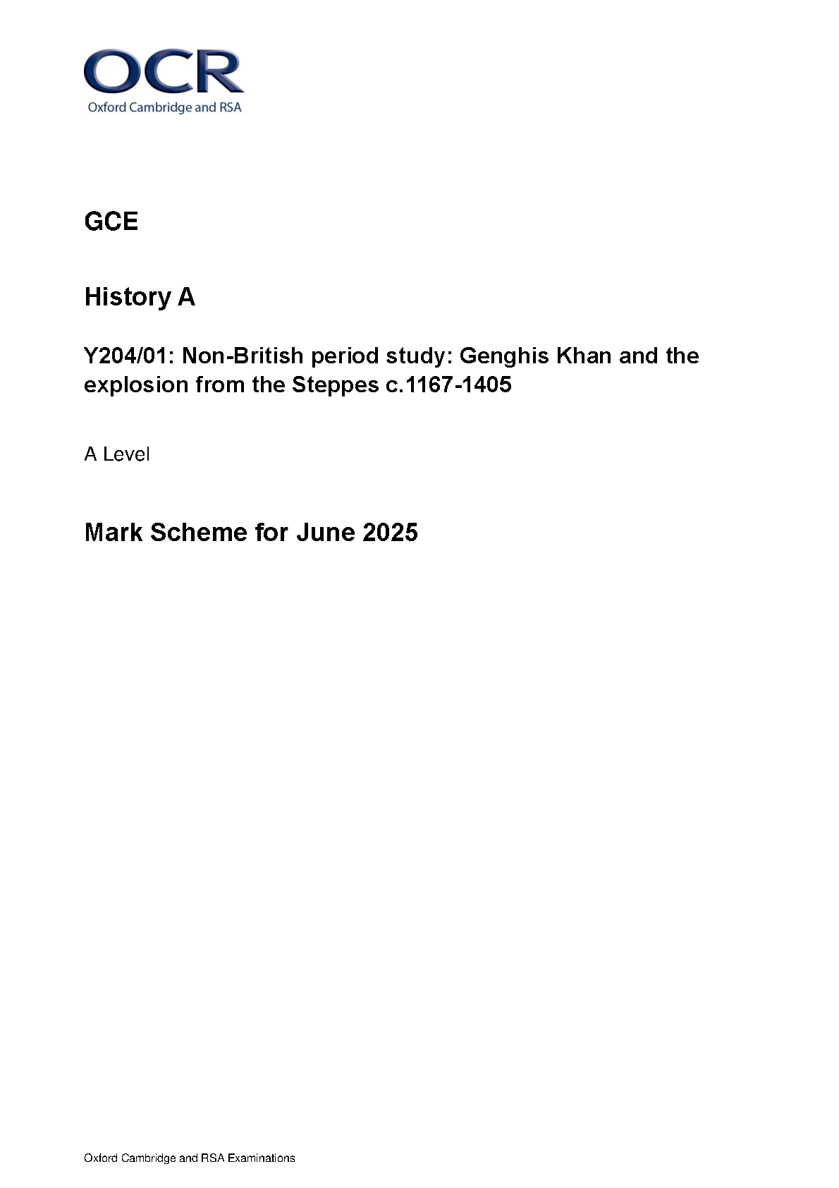 OCR A Level History A Genghis Khan 2025 Mark Scheme