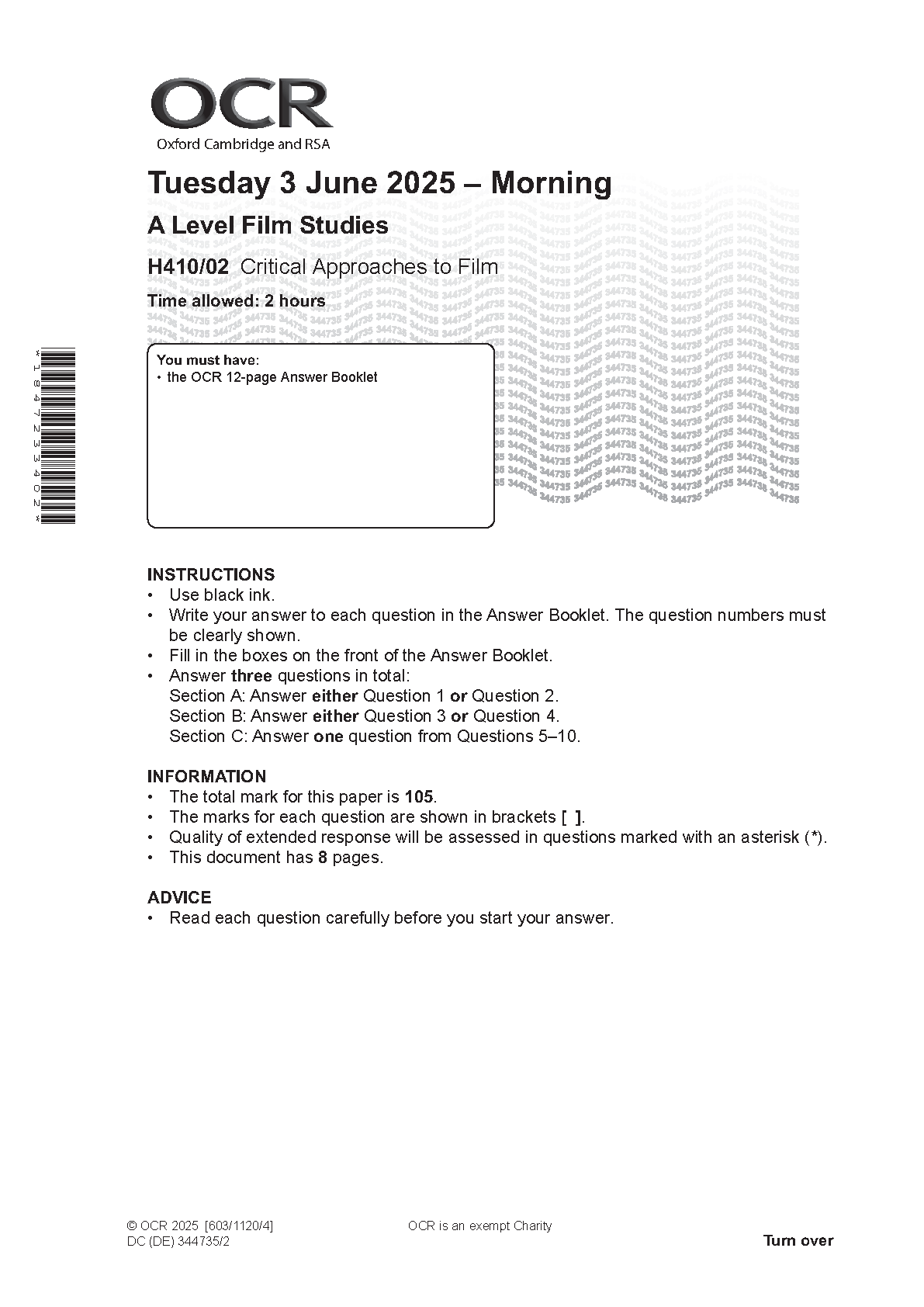 OCR A Level Film Studies Paper 2 2025 Question Paper