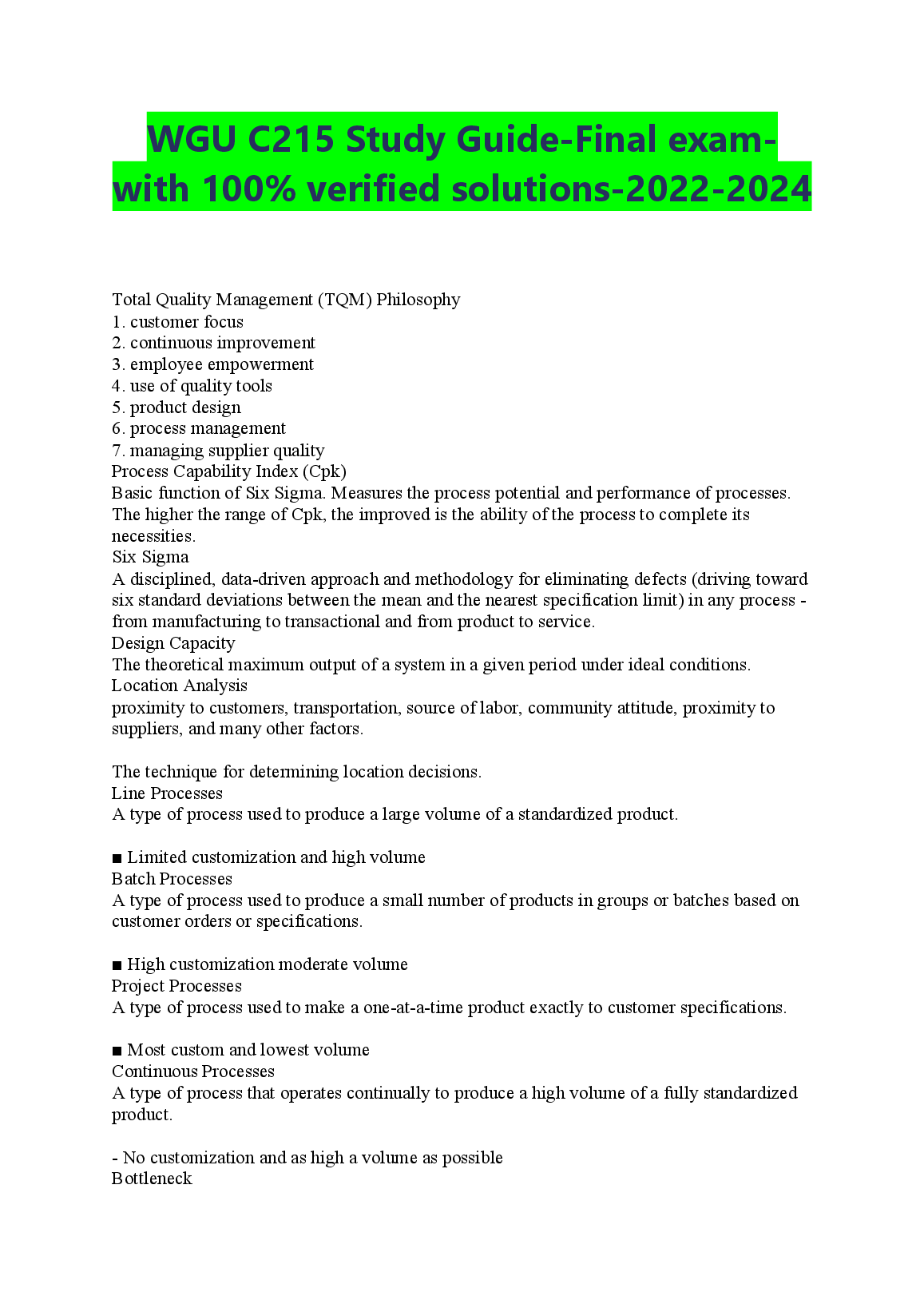 WGU C215 Final Exam Study Guide: TQM, Six Sigma, and Process Design Mastery for Operations Management Students