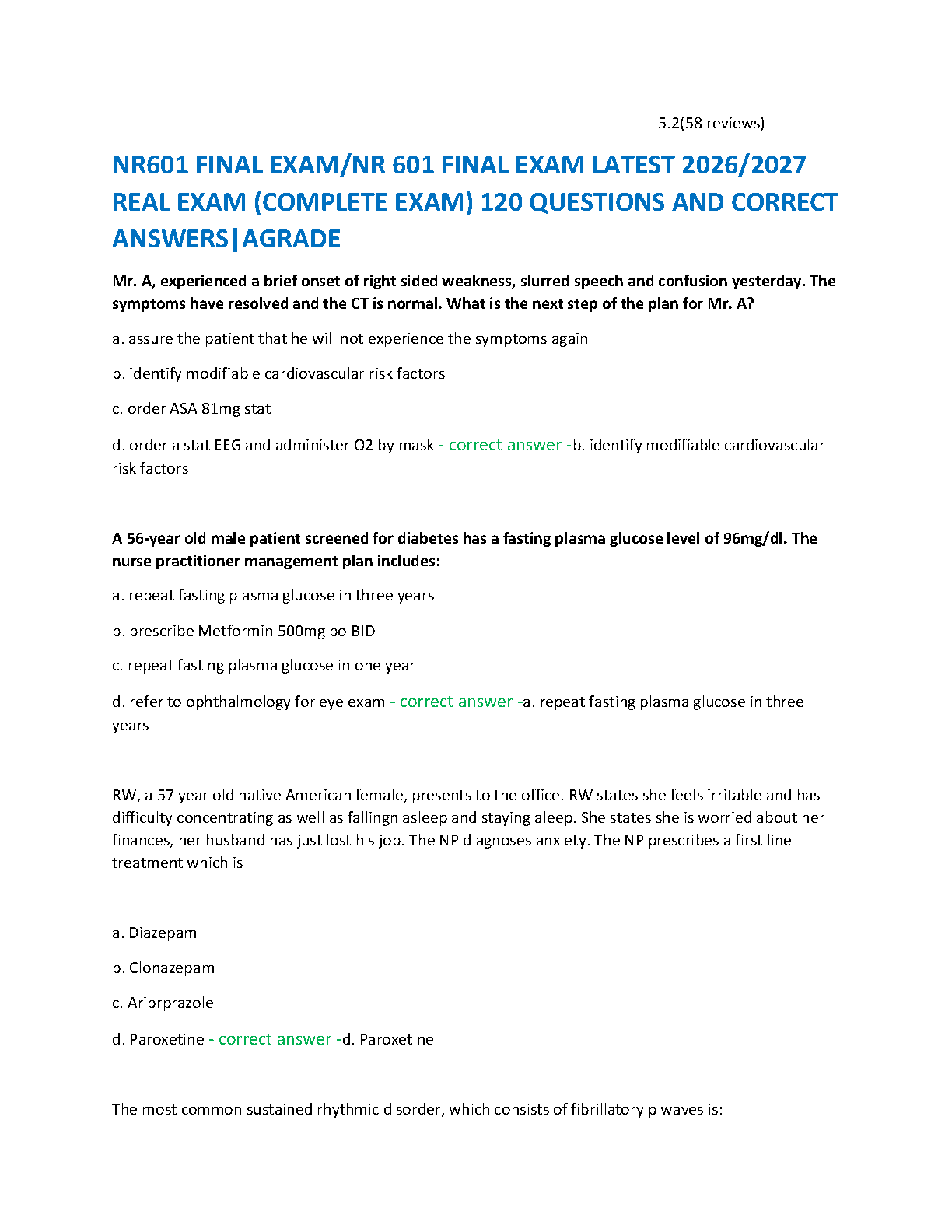 NR 601 Final Exam Latest 2026/2027 Real Complete Exam with Verified Answers