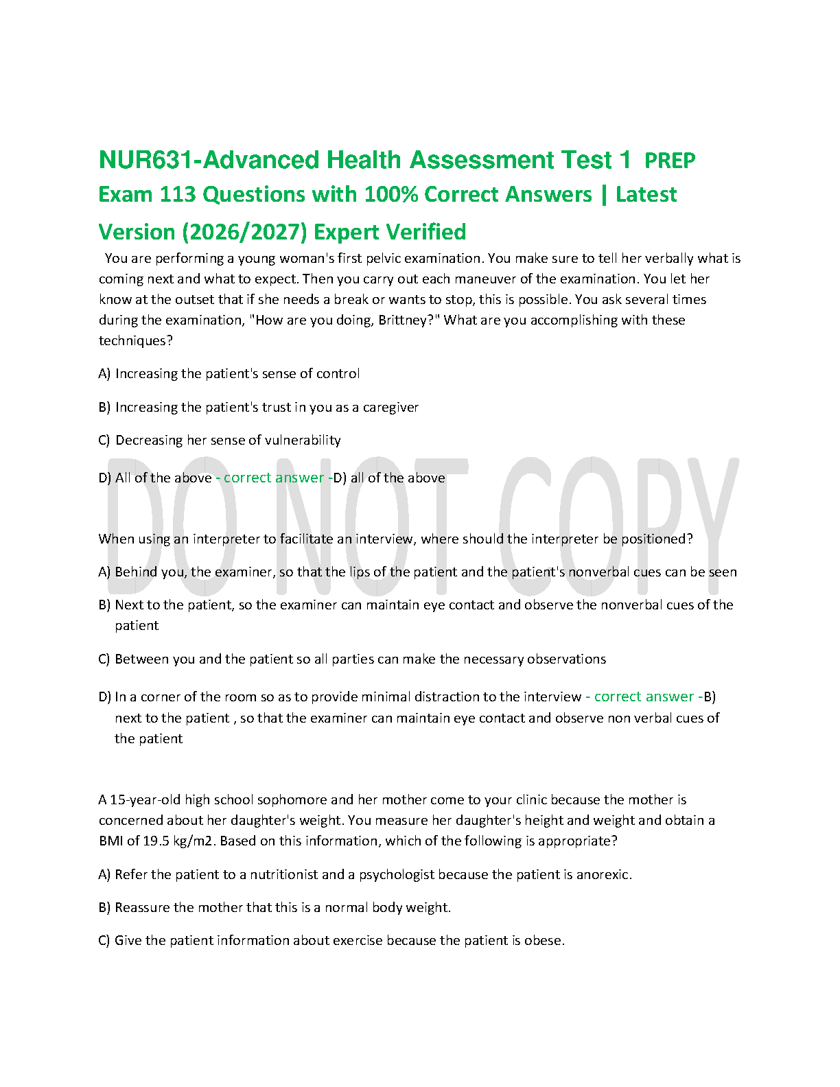 NUR631 Advanced Health Assessment Test 1 Prep Exam with 113 Verified Answers for 2026/2027 Academic Year Expert Guide