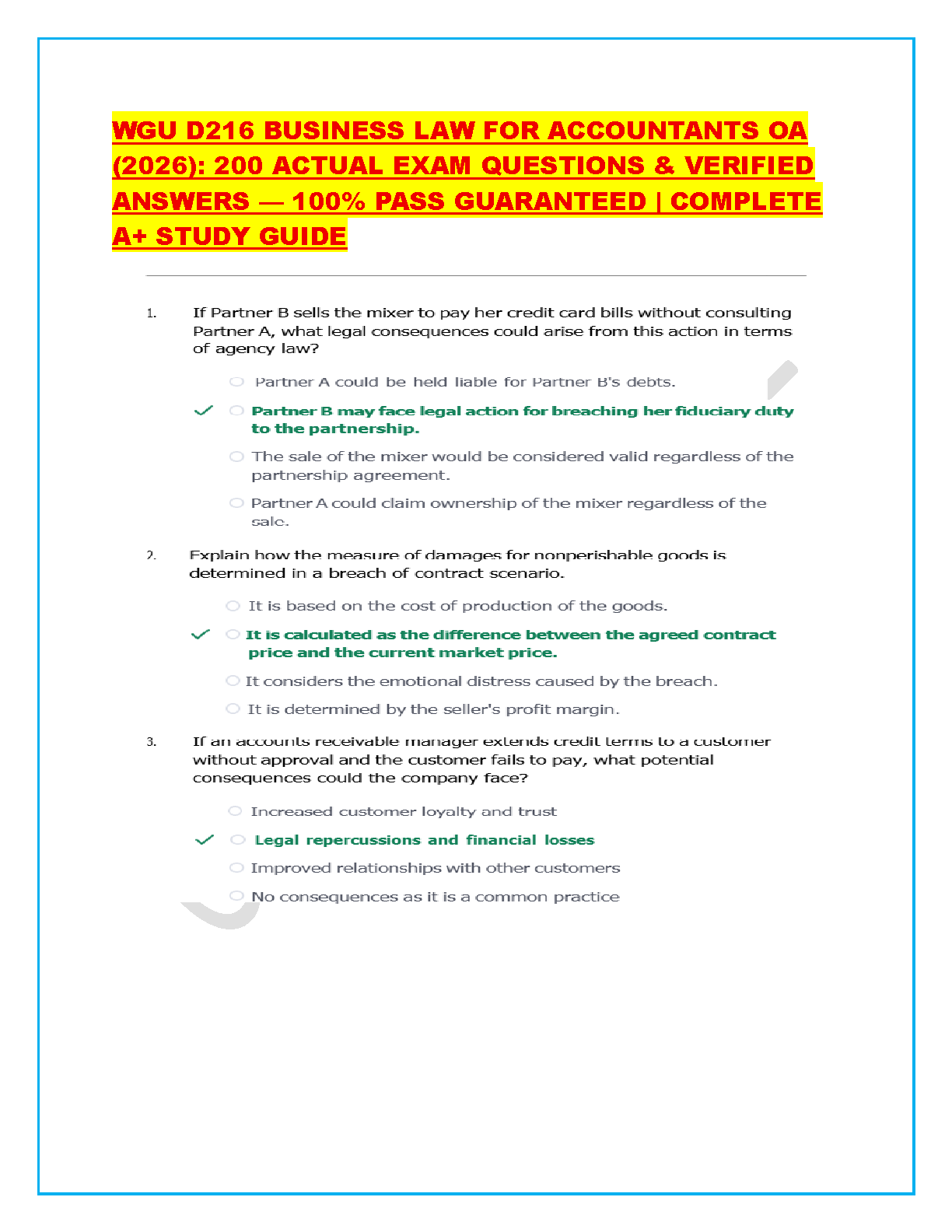WGU D216 Business Law for Accountants OA Test Bank: 200 Verified Questions and Answers