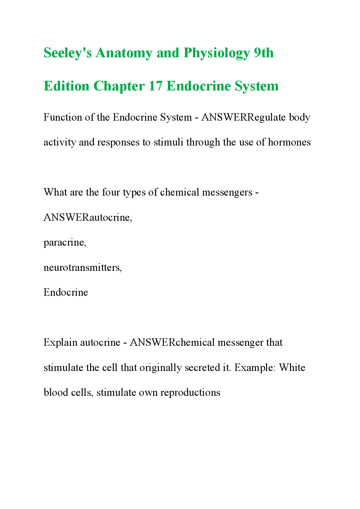 Seeley's Anatomy and Physiology Chapter 17 Endocrine System Study Guide 9th Edition Exam Prep by VanPutte, Regan, Russo