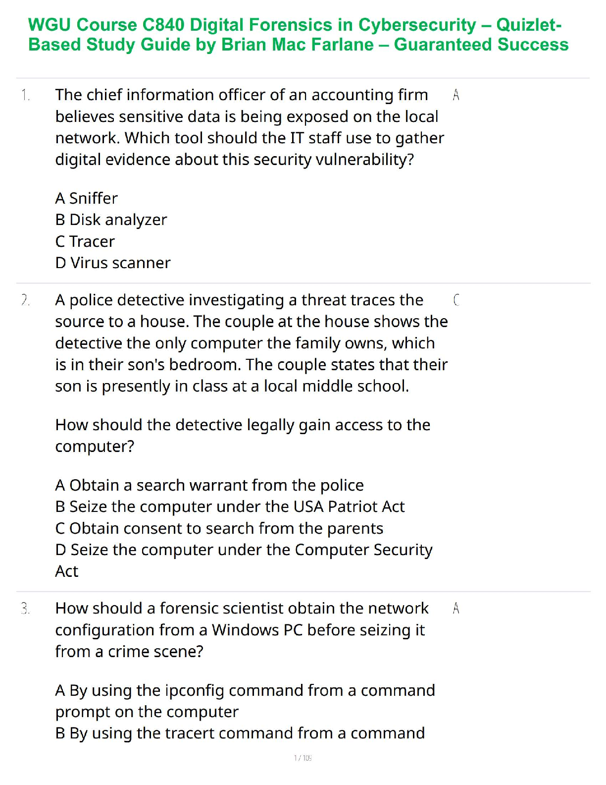 WGU C840 Digital Forensics Test Bank with Verified Answers by Brian Mac Farlane for Exam Mastery