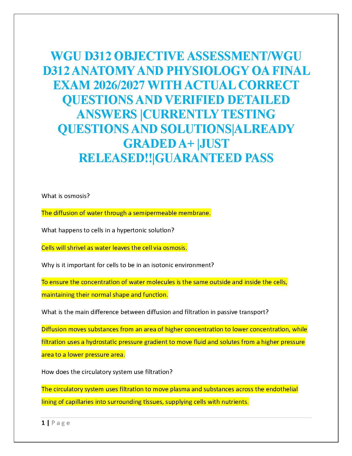 WGU D312 Anatomy and Physiology Objective Assessment Final Exam Test Bank with Verified Answers for 2026/2027