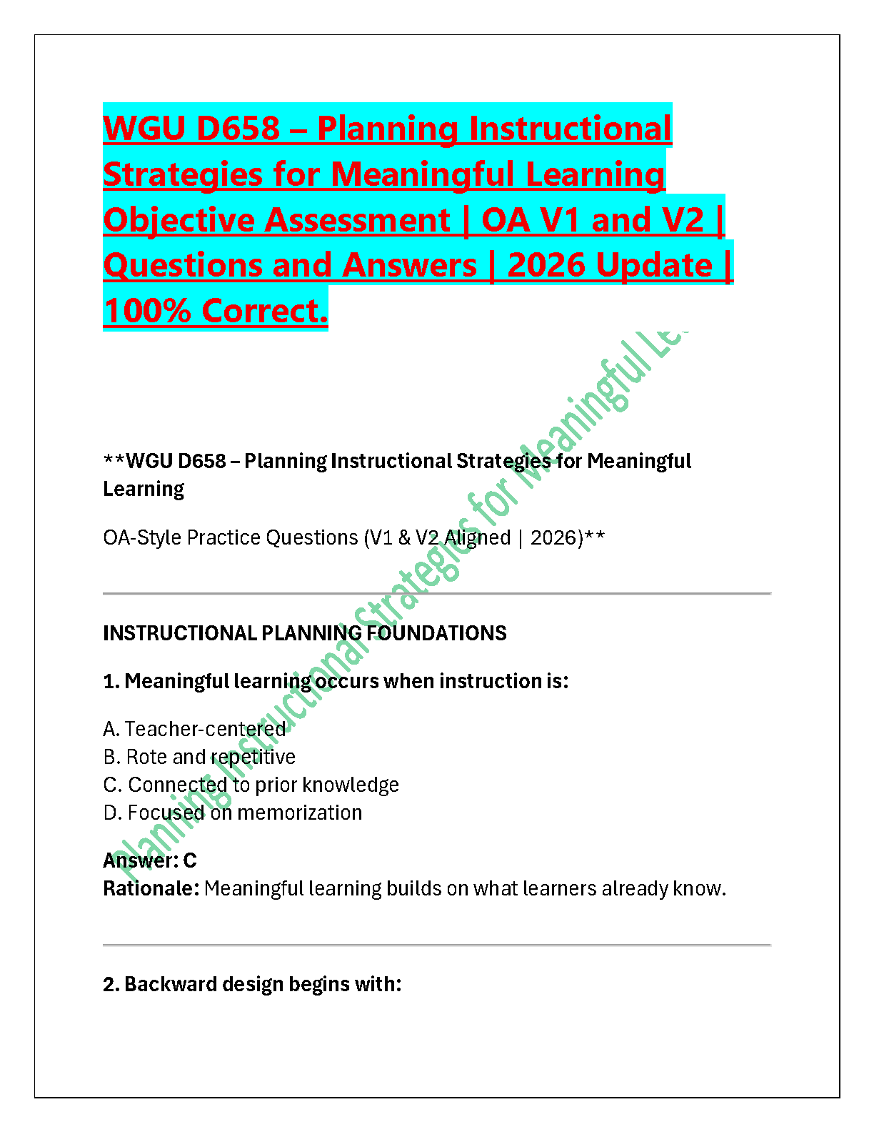 WGU D658 Planning Instructional Strategies Test Bank with Verified Answers V1 & V2 for 2025/2026 OA Exam Preparation
