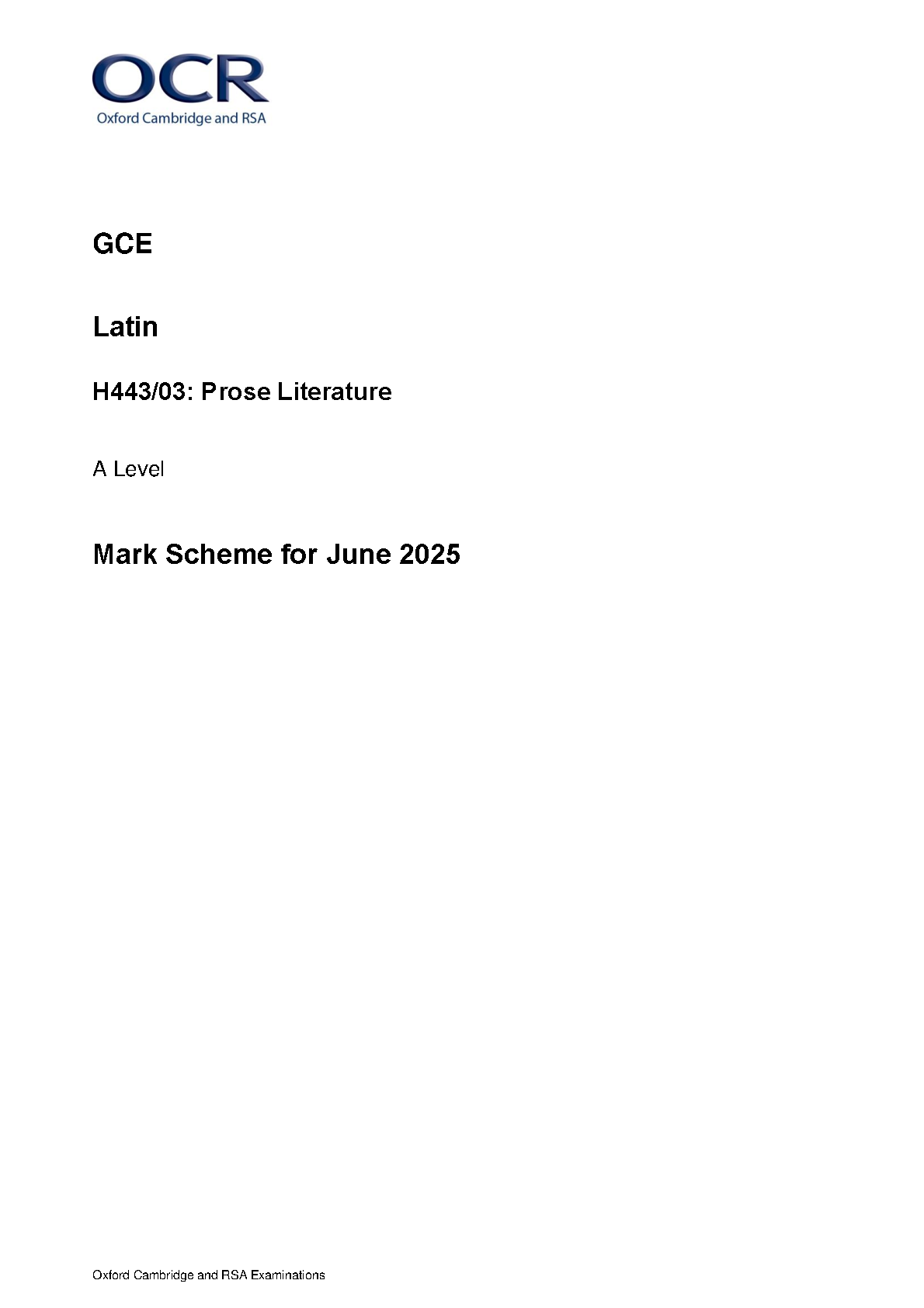 OCR A Level Latin Paper 3 2025 Mark Scheme