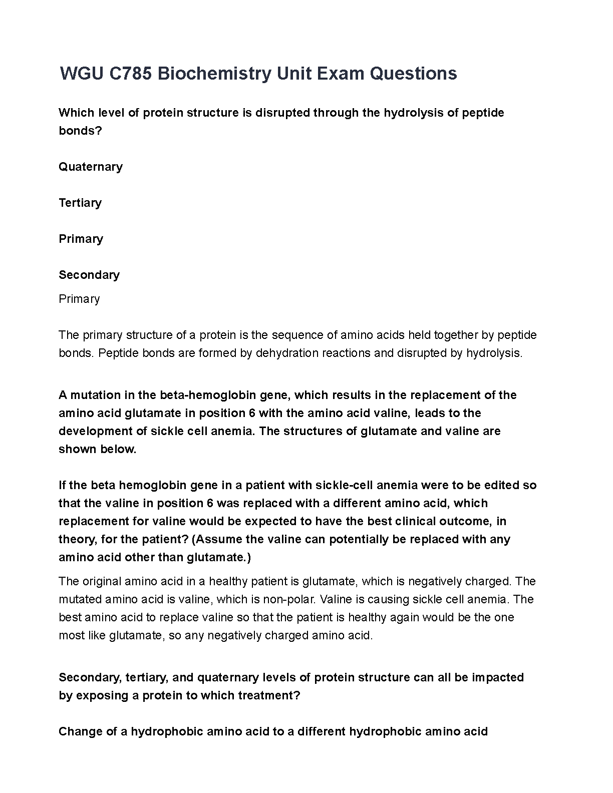 WGU C785 Biochemistry Exam Elaboration: Verified 2025/2026 Questions and Detailed Answers for First-Attempt Success