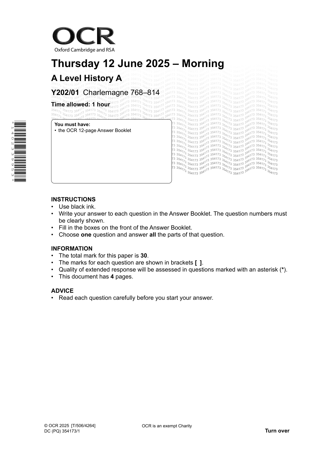 OCR A Level History A Charlemagne 2025 Question Paper