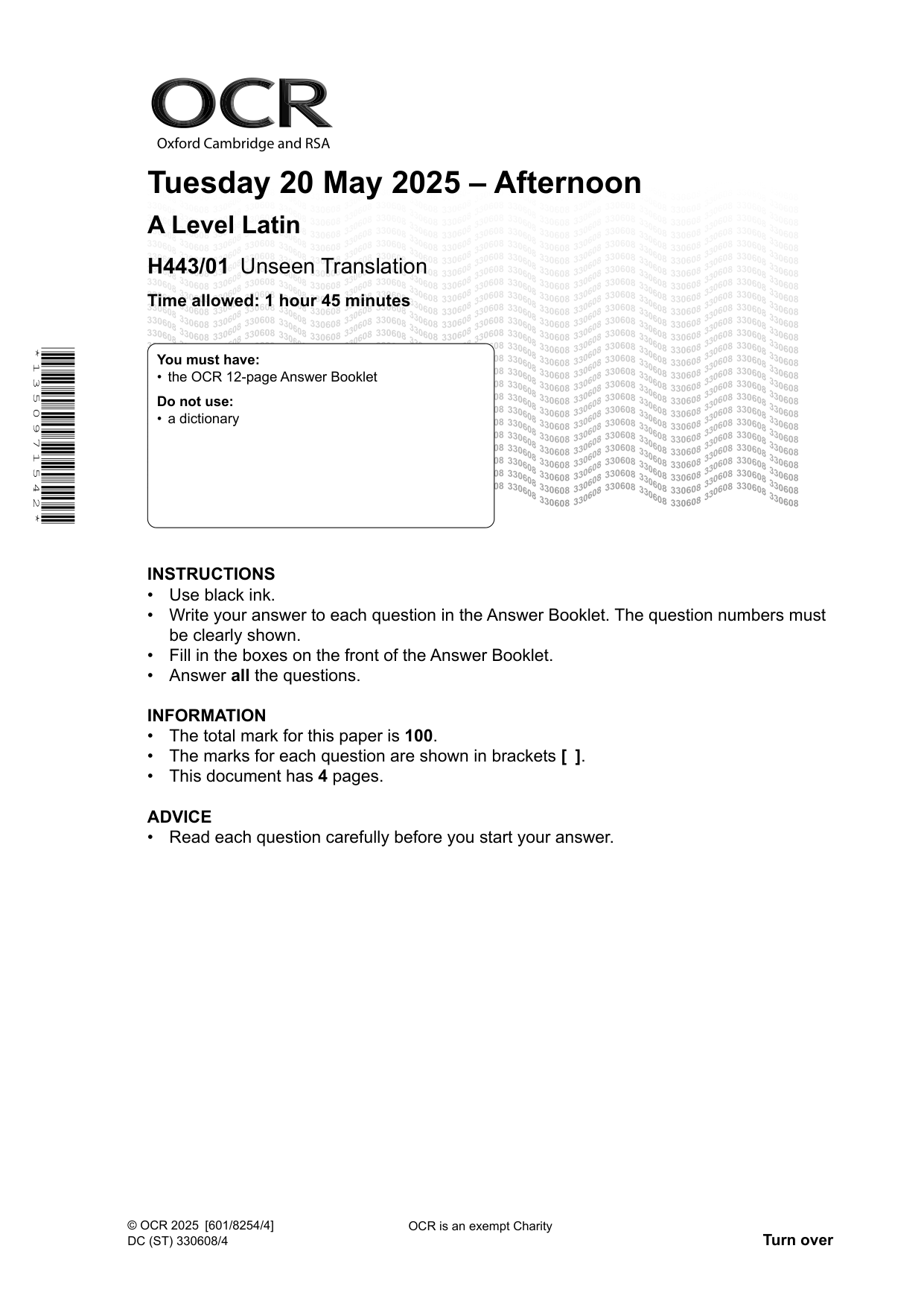 OCR A Level Latin Paper 1 2025 Question Paper