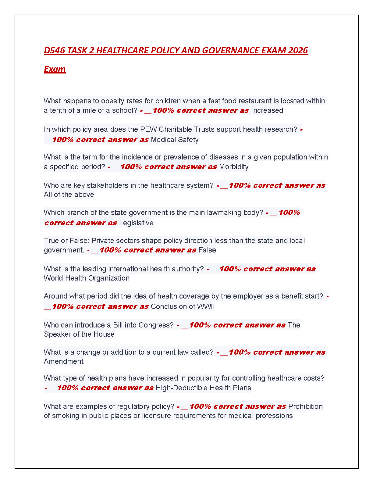WGU D546 Task 2 Healthcare Policy and Governance Exam Solutions 2026 Verified Answers