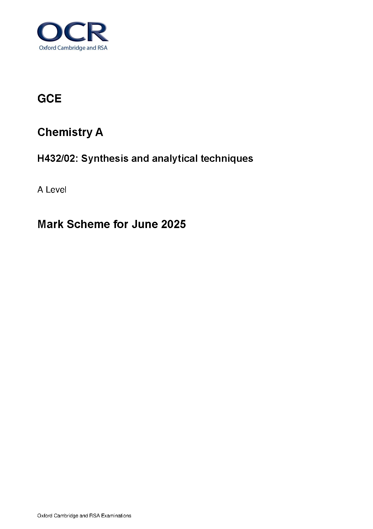 OCR A LEVEL CHEMISTRY A PAPER 2 2025 MARK SCHEME