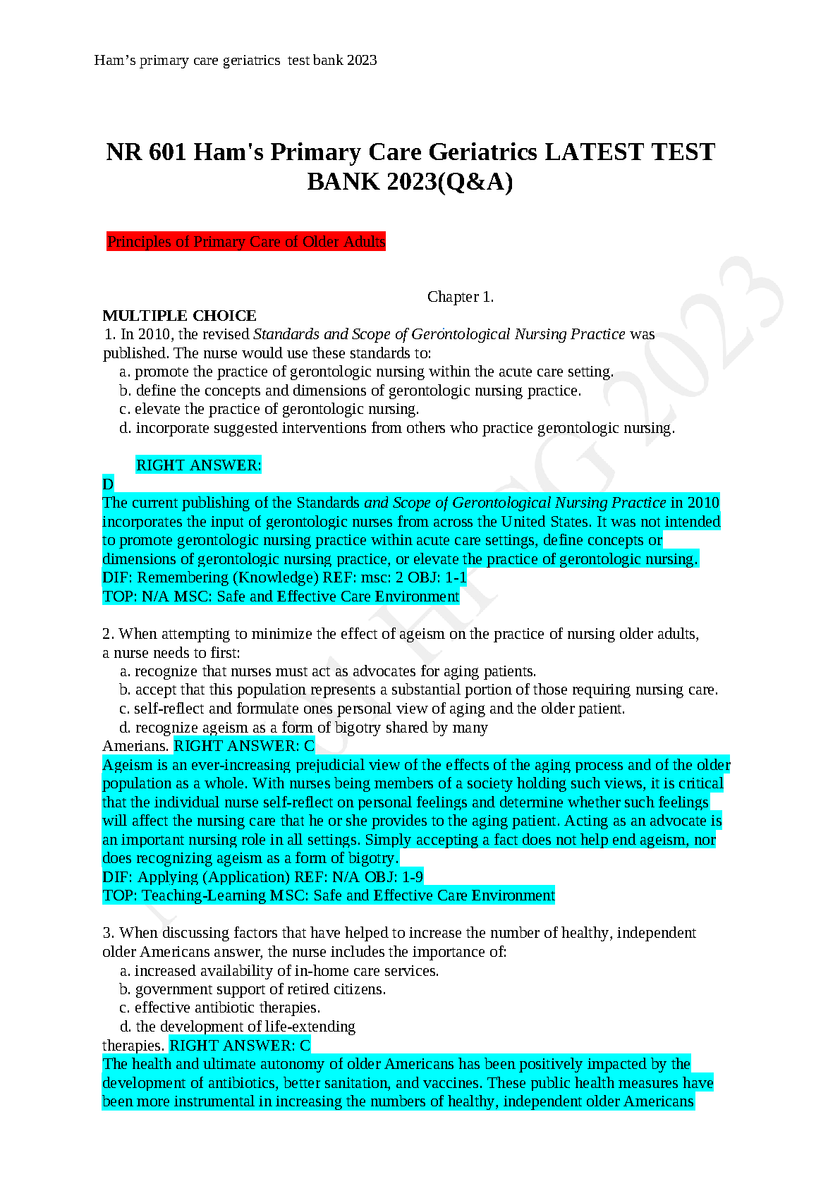 NR 601 Ham's Primary Care Geriatrics Test Bank 2023/24 Edition Q&A Study Resource for Exam Mastery