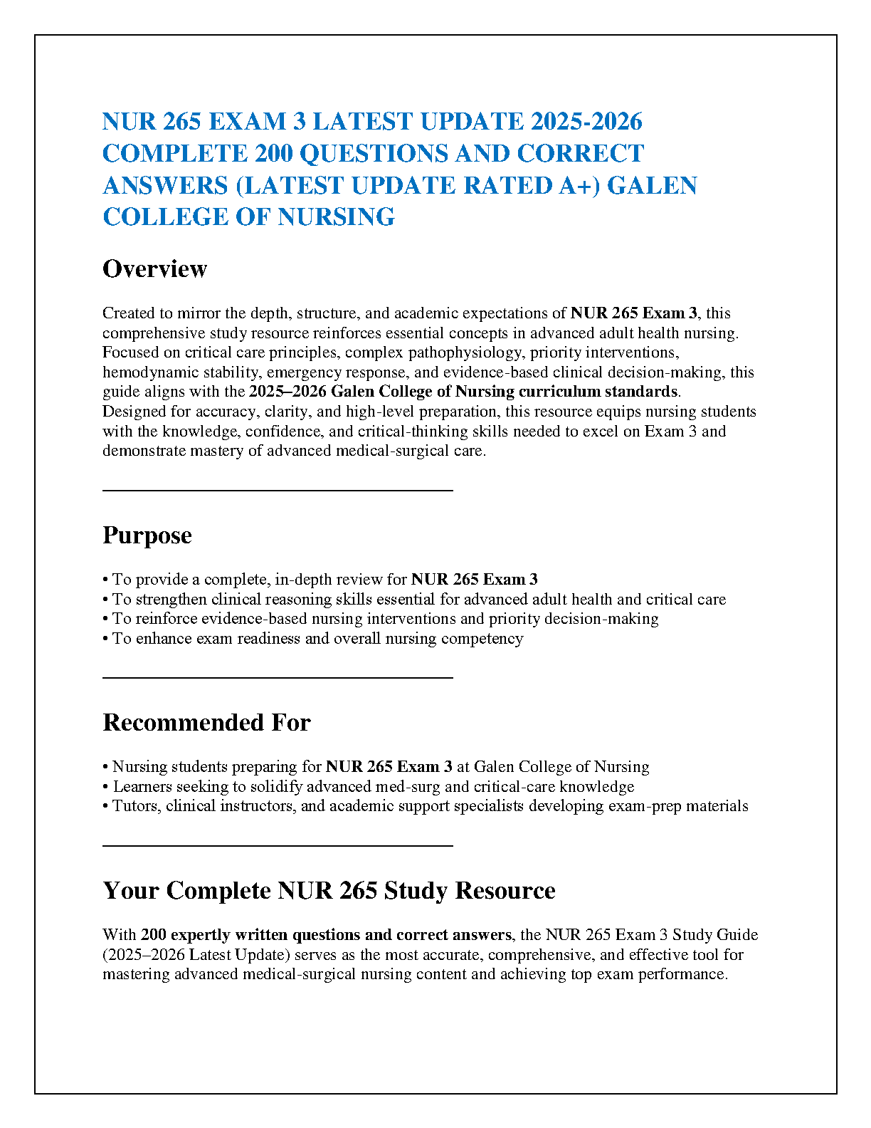 NUR 265 Exam 3 Test Bank (2025-2026 Edition) - Galen College of Nursing ...