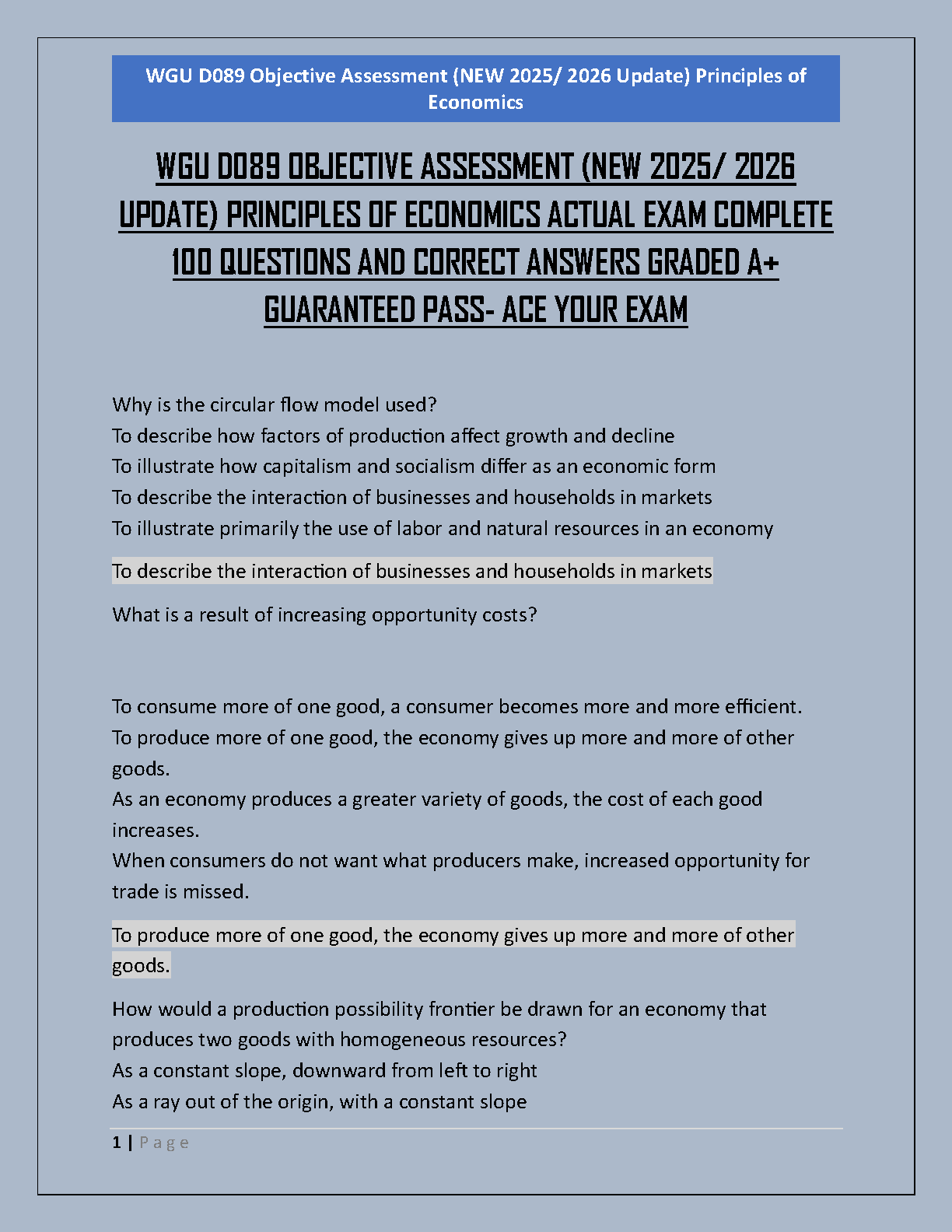 WGU D089 Principles of Economics Objective Assessment Test Bank 2025/2026 Edition with Verified Q&A