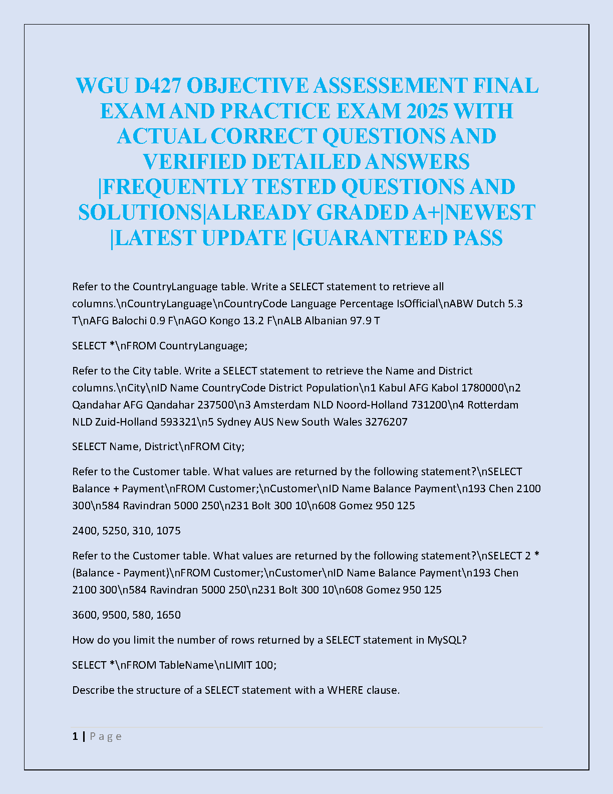 WGU D427 Objective Assessment Final Exam Study Guide with Verified Answers and Practice Questions for 2025 Success