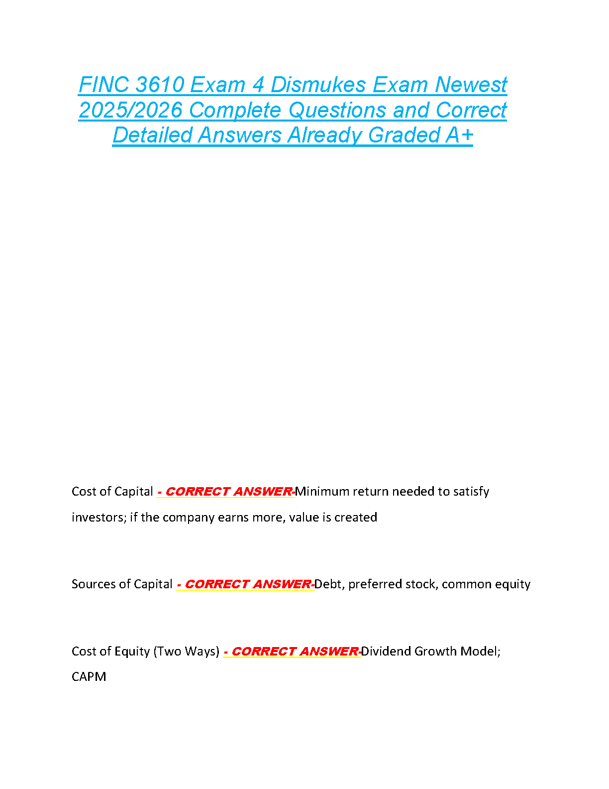 FINC 3610 Exam 4 Dismukes Test Bank (Newest 2025/2026) - Complete Questions & Verified A+ Answers