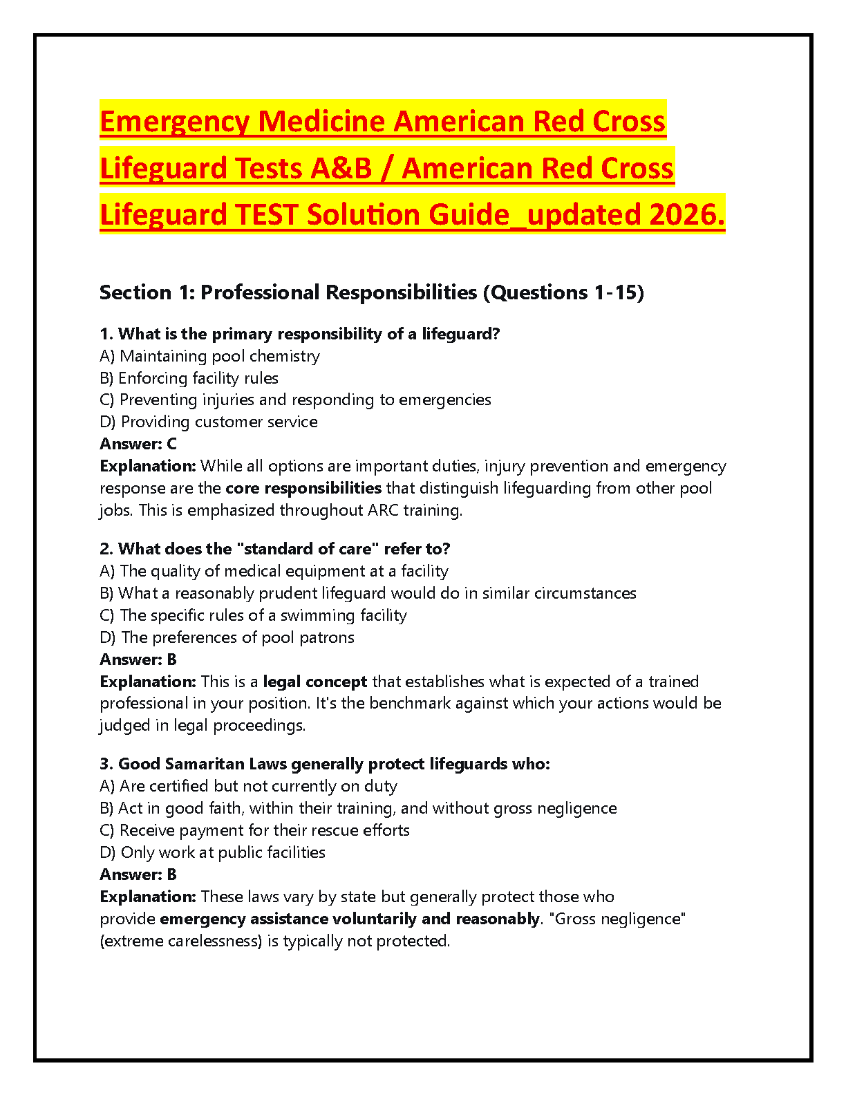 American Red Cross Lifeguard Manual Test Bank (Updated 2026) by ...