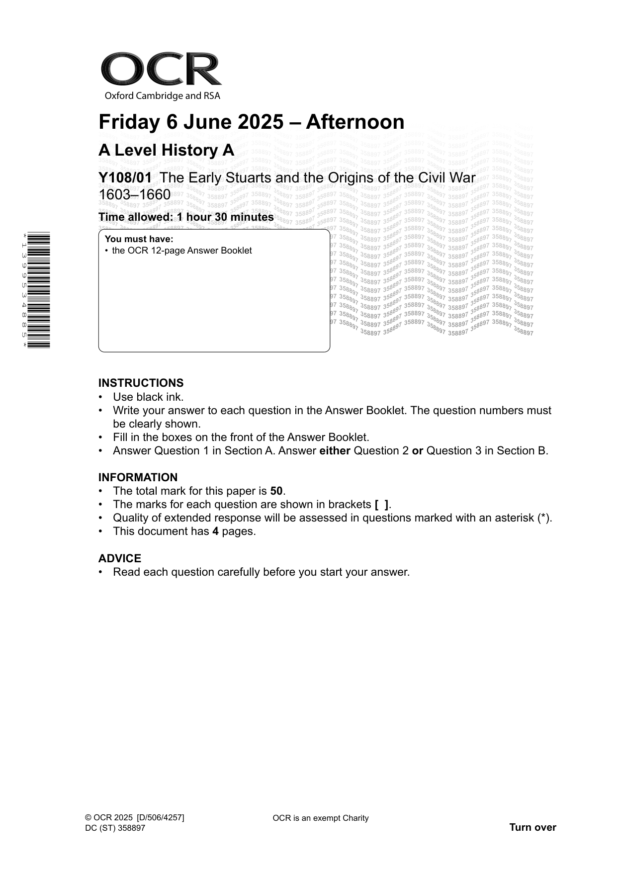 OCR A Level History A Early Stuarts 2025 Question Paper