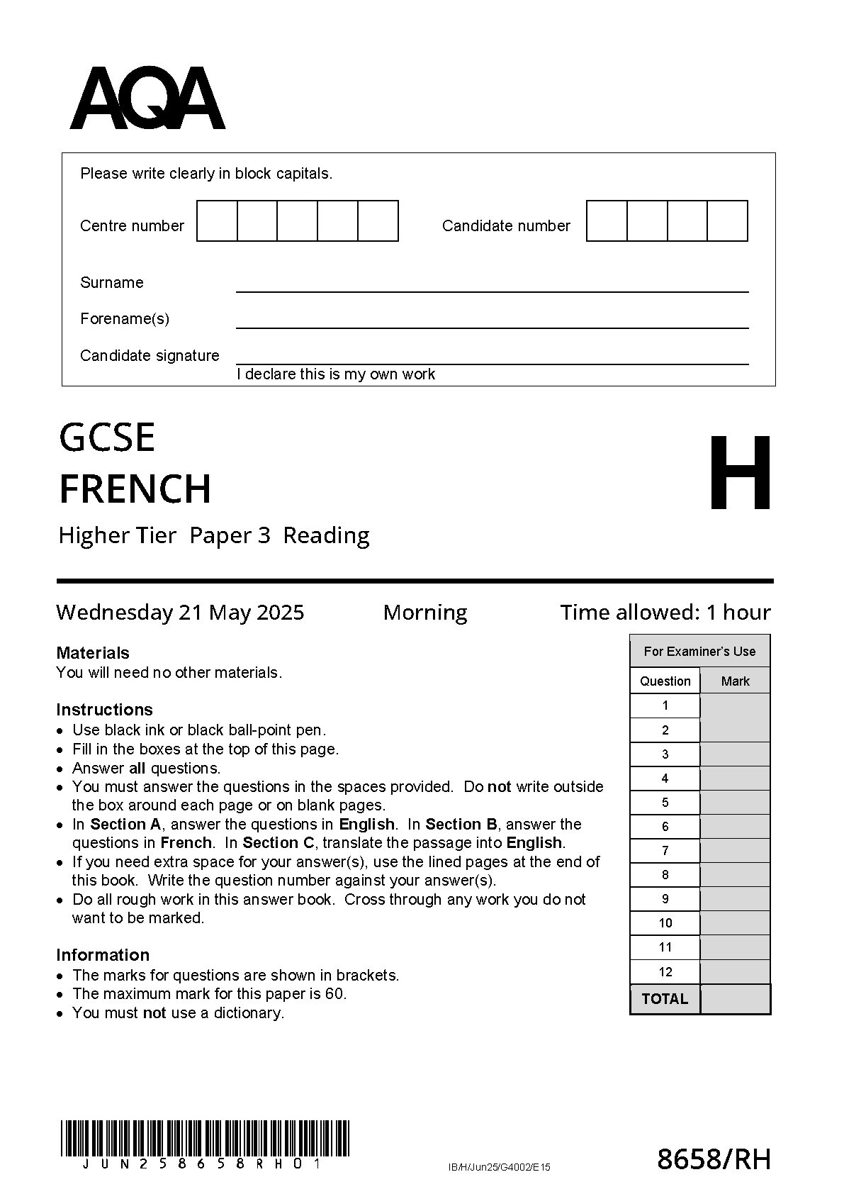 Combined 2025 AQA GCSE FRENCH Paper 3 and Mark Scheme (8658/RH: Reading Higher Tier)