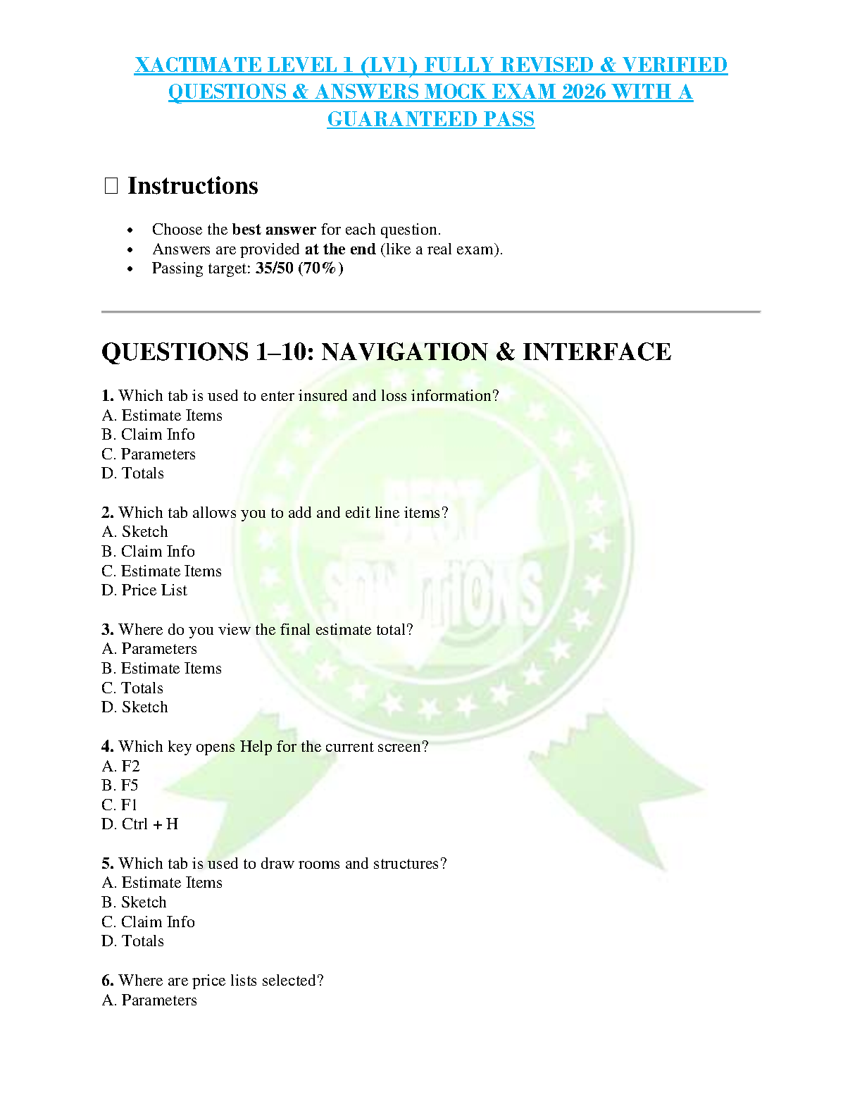 Xactimate Level 1 Test Bank 2026: Comprehensive Mock Exam Questions, Verified Answers & Certification Success Guide for Software Navigation