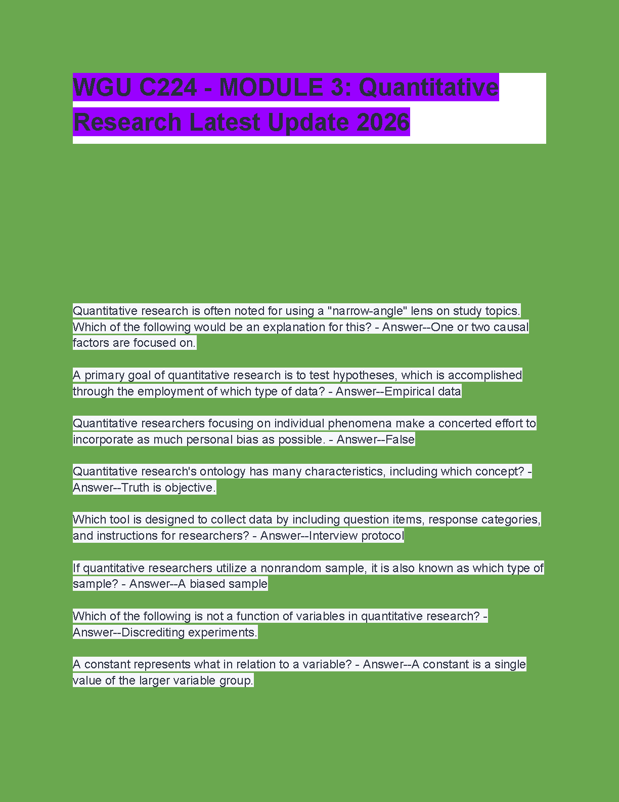 WGU C224 Nursing Research Module 3 Test Bank: Quantitative Research Questions and Answers 2026 Edition Based on Grove & Gray