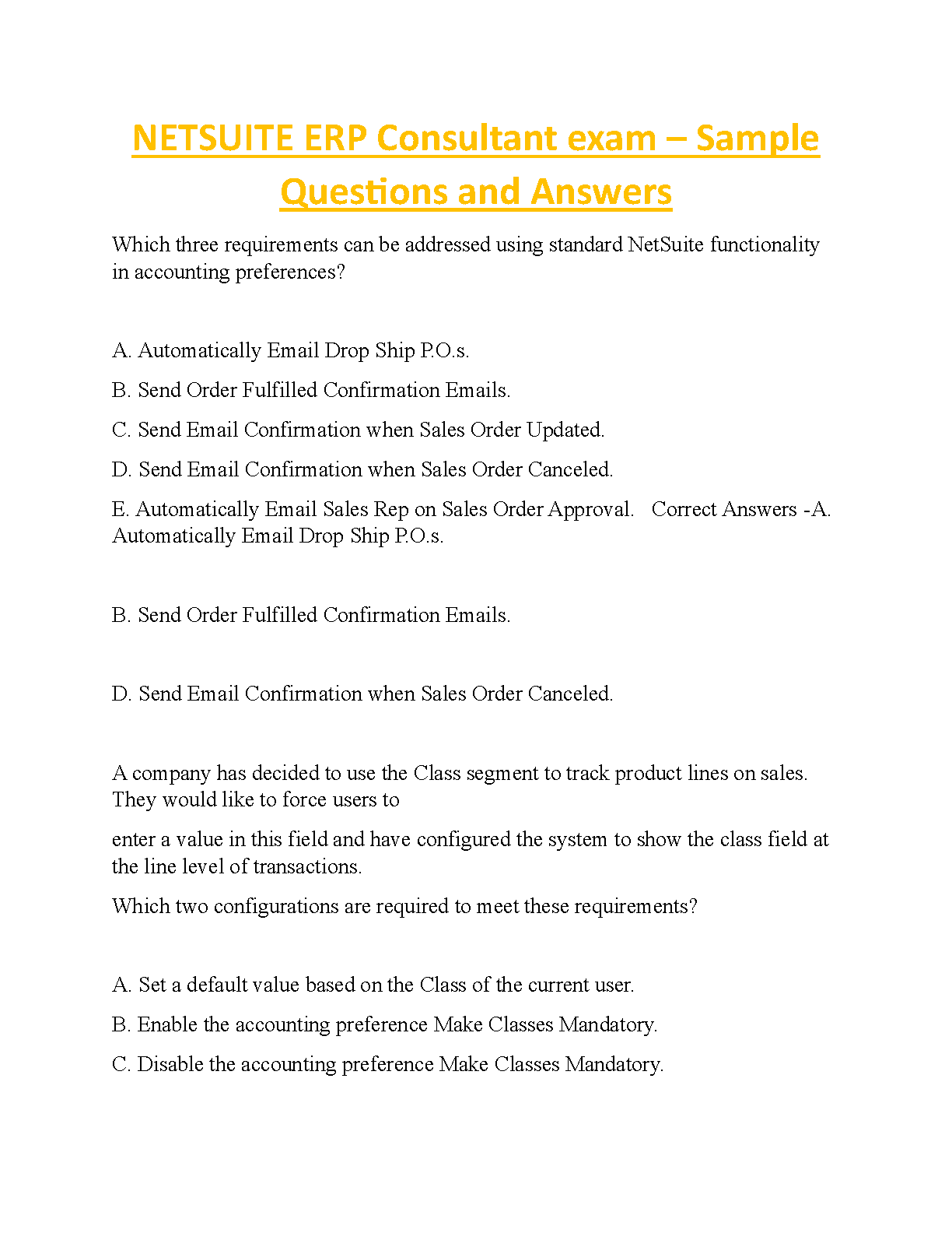 NetSuite ERP Consultant Exam Sample Questions and Answers 2024/2025 Edition