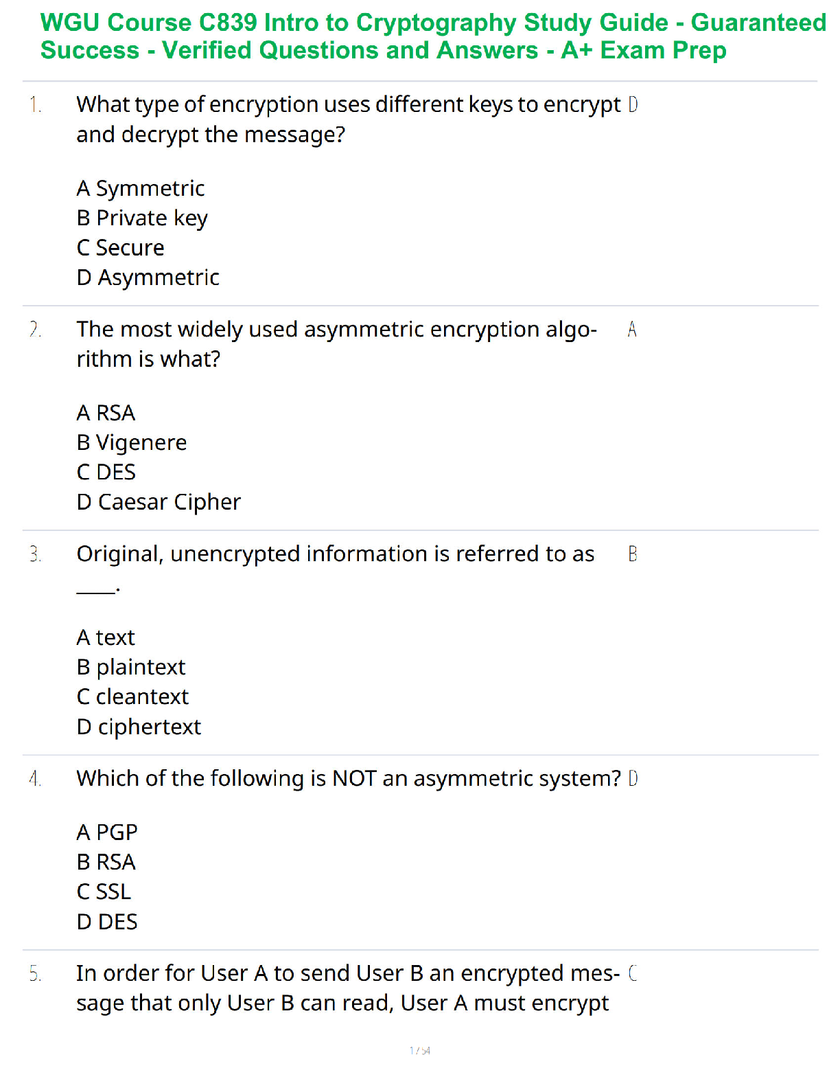 WGU C839 Intro to Cryptography Study Guide with Verified Questions and Answers for 2026/27 Academic Year