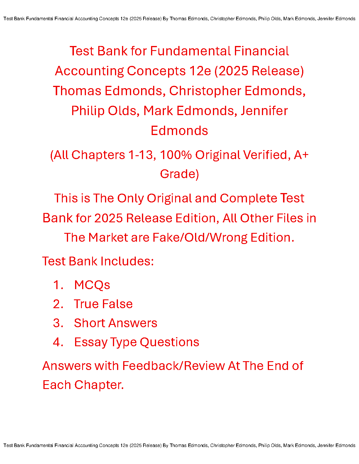 Test Bank for Fundamental Financial Accounting Concepts, 12th Edition (2025 Release) by Thomas Edmonds, Christopher Edmonds, Philip Olds, Mark Edmonds, Jennifer Edmonds