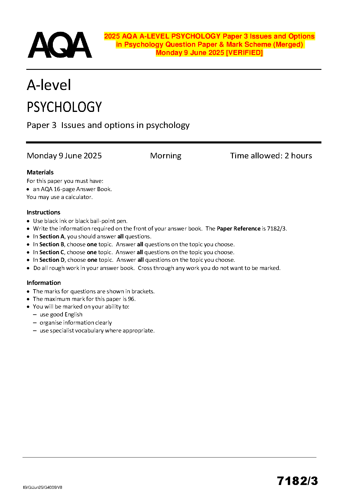 AQA A-Level Psychology Paper 3 (7182/3): Issues and Options - 2025 Question Paper and Mark Scheme | Your Ultimate 2025/2026 Exam Success Guide