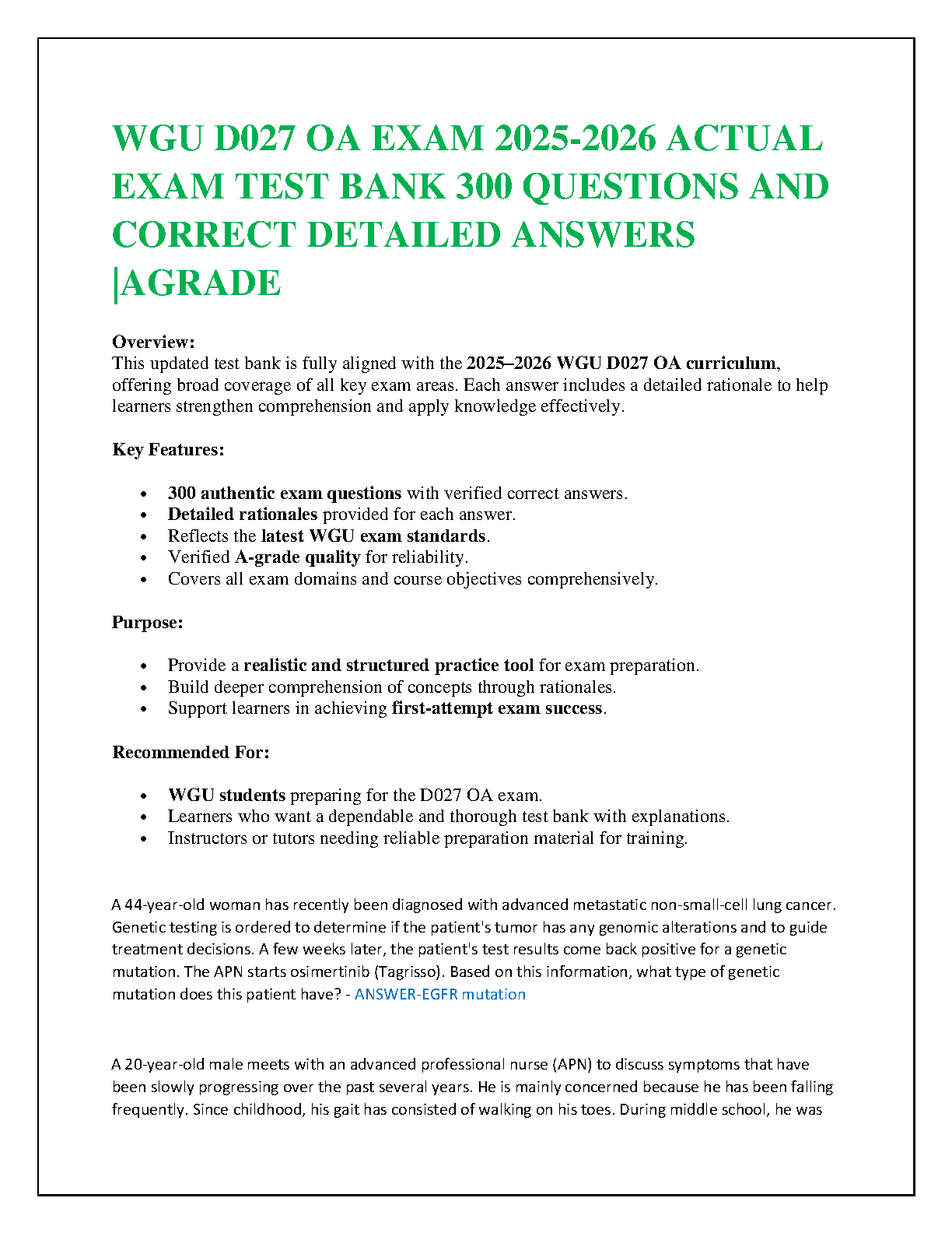 WGU D027 OA Exam Test Bank 2025-2026: Verified Questions, Detailed Rationales and Practice Solutions for Success