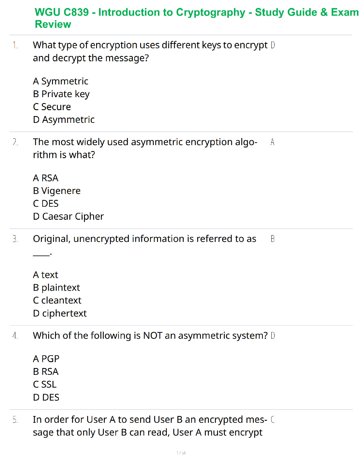 WGU C839 Introduction to Cryptography Test Bank Latest Exam Questions and Verified Answers Study Resource