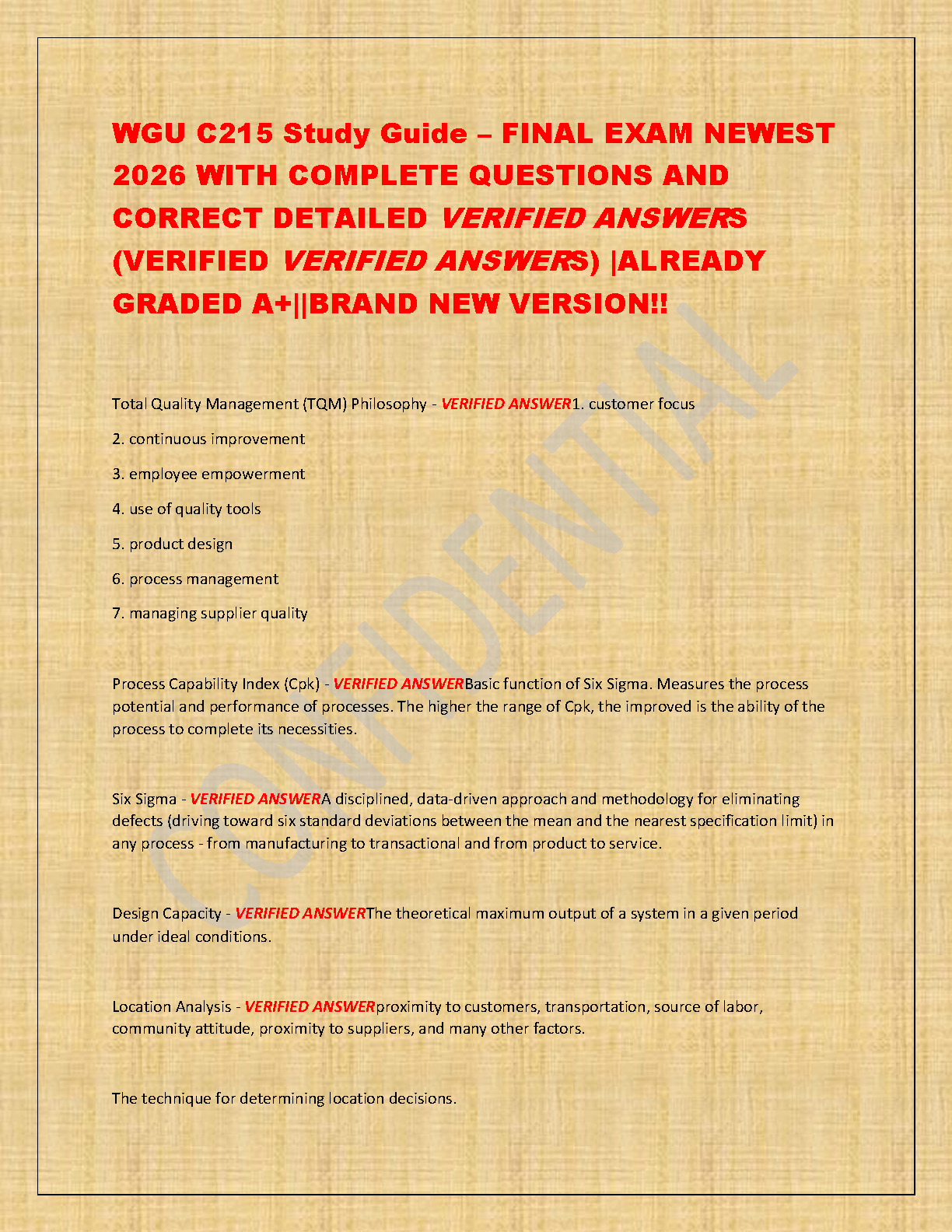 WGU C215 Operations and Supply Chain Management Final Exam Guide 2025-2026: Verified Q&A for First Attempt Success