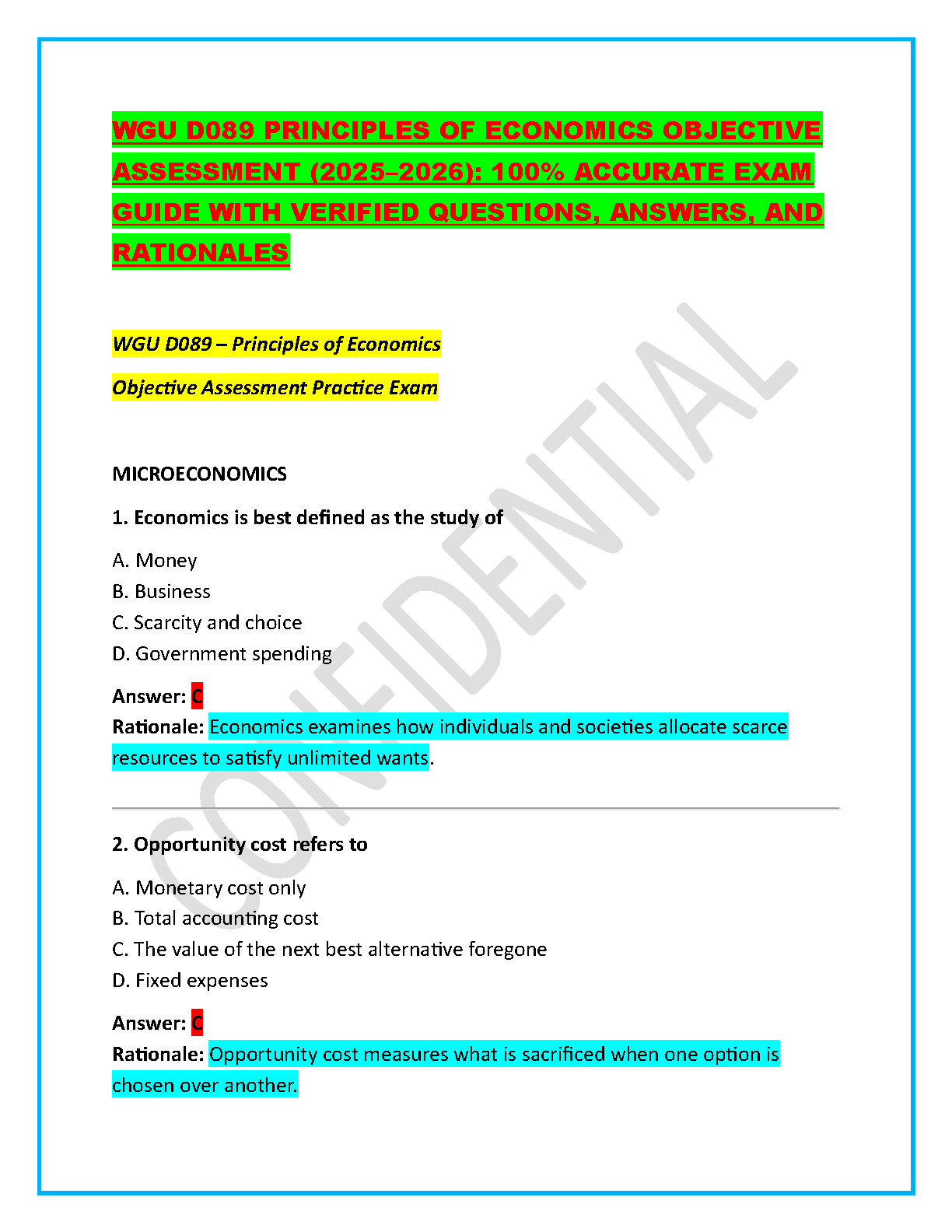 WGU D089 Principles of Economics Test Bank: Verified Questions with Rationales for 2025-2026 Academic Year Preparation
