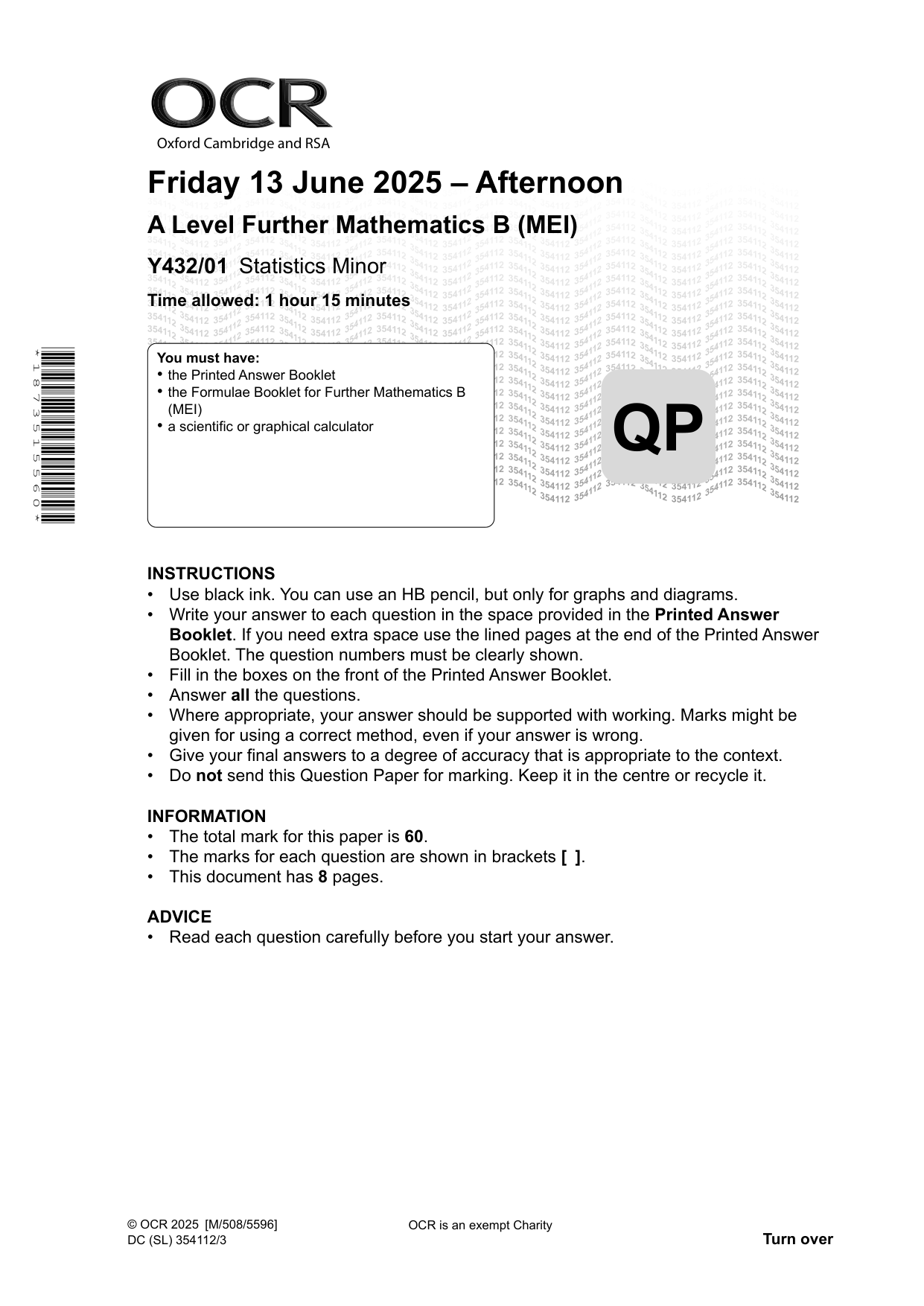 OCR A Level Further Maths Paper 1 Statistics Minor 2025 QP