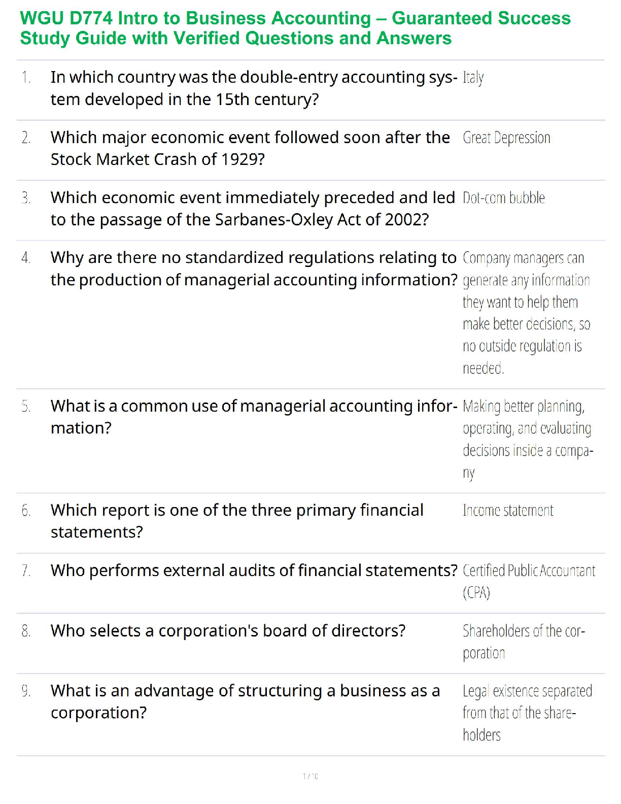 WGU D774 Intro to Business Accounting Complete Test Bank Verified Questions Answers