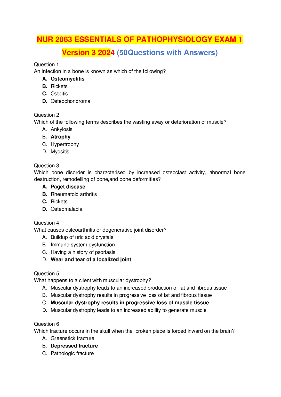 NUR 2063 Pathophysiology Test Bank Exam 1 Questions and Answers Version 3 2024 Study Guide Resource