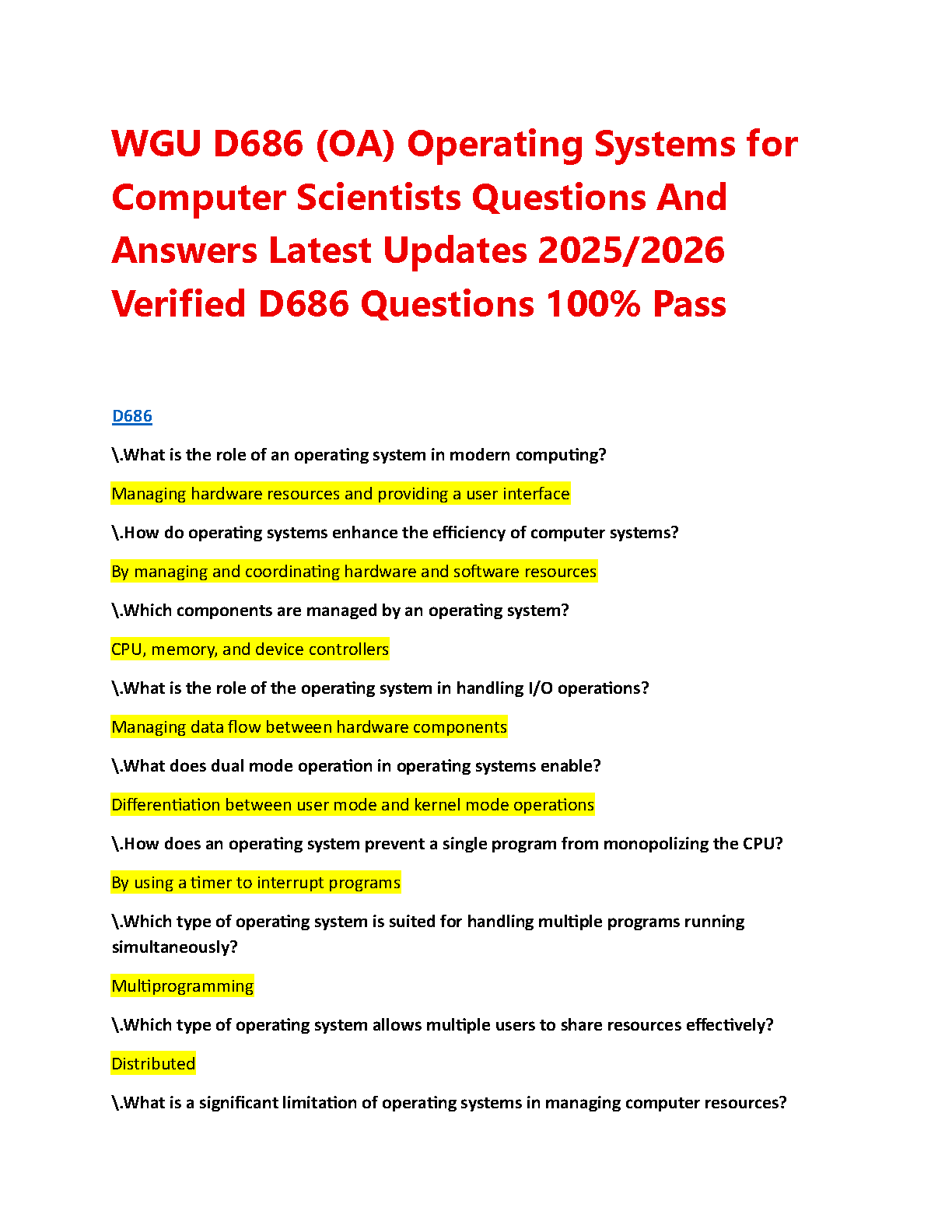 WGU D686 Operating Systems for Computer Scientists OA Test Bank: Verified Questions & Answers (2025/2026)