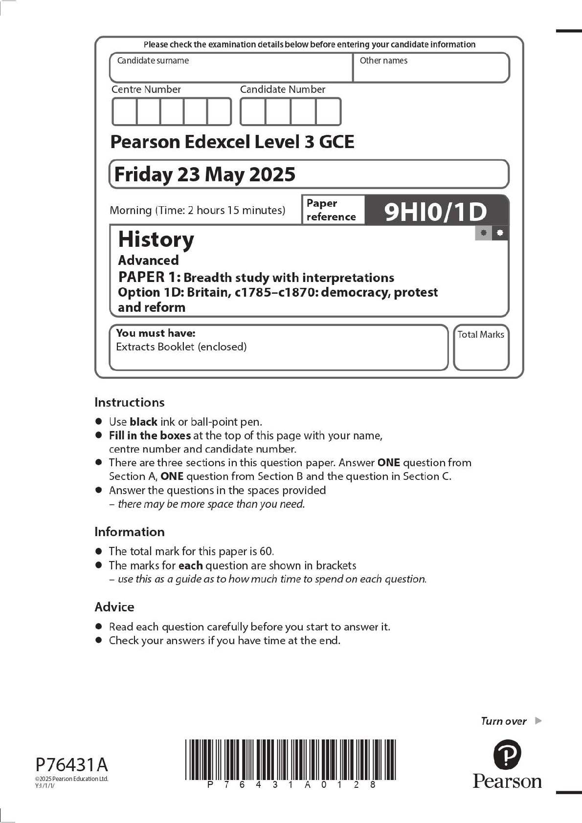 Edexcel A-Level History Paper 1 (9HIO/1D) 2025 Question Paper: Britain, c1785–c1870 | Latest 2025/2026 Exam Prep to Ace Your Exams