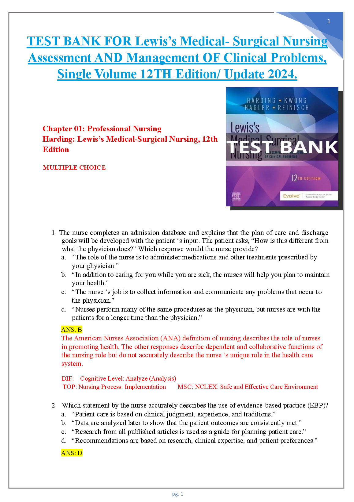 Lewis's Medical-Surgical Nursing 12th Edition Test Bank: Updated 2024 Exam Resource by Harding, Kwong & Reinisch
