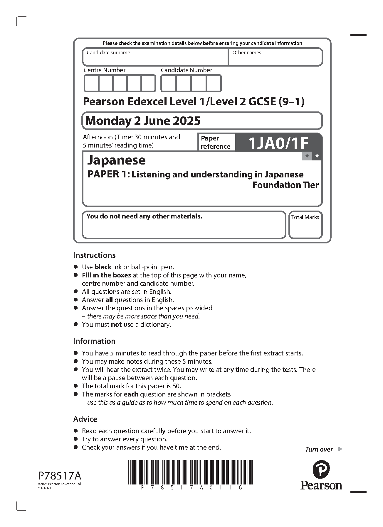MERGED 2025 Pearson Edexcel GCSE Japanese Paper 1F Question Paper and Mark Scheme (1JA0/1F: Listening and understanding in Japanese Foundation tier)