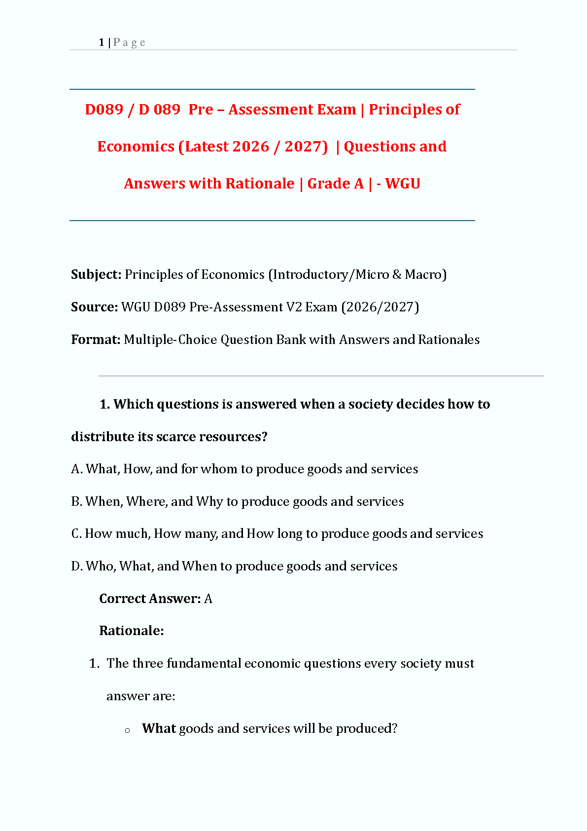 D089 Principles of Economics WGU Pre-Assessment Test Bank: Complete Questions and Verified Answers for 2026-27