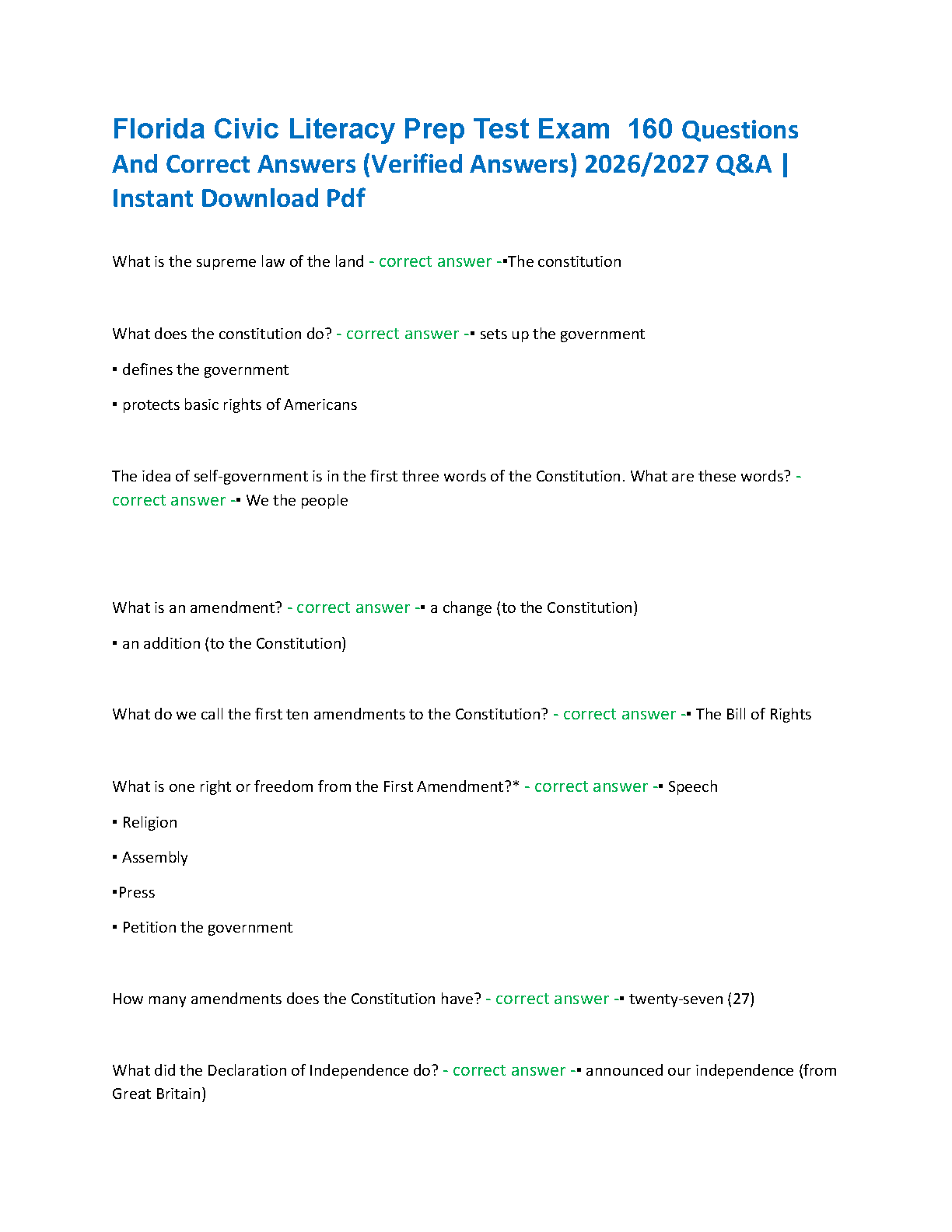 Florida Civic Literacy Prep Test Exam 160 Questions And Correct Answers Verified Answers 2026/2027 Q&A Instant Download Pdf