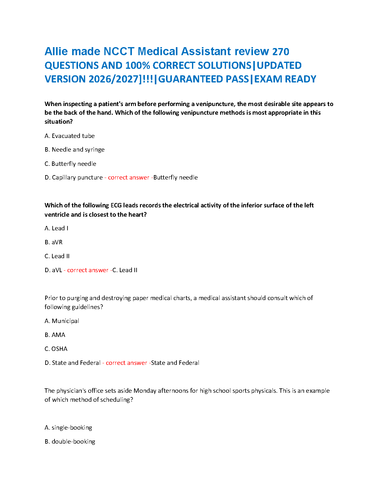 NCCT Medical Assistant Exam Review Guide with 270 Questions and Answers Updated 2026/2027 Guaranteed Pass Study Material