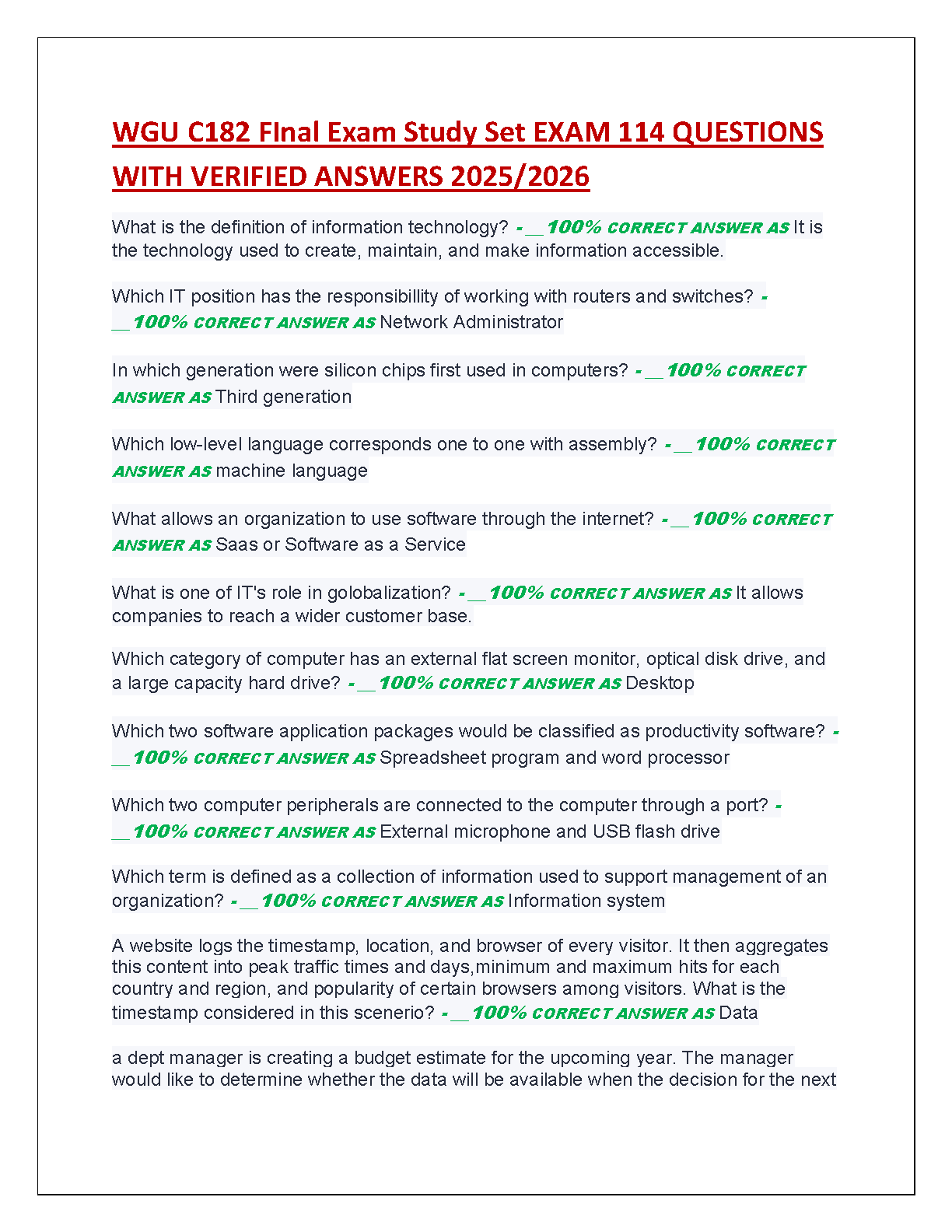 WGU C182 Introduction to IT Final Exam Test Bank 2025/2026: 114 Verified Questions & Answers for First Attempt Success