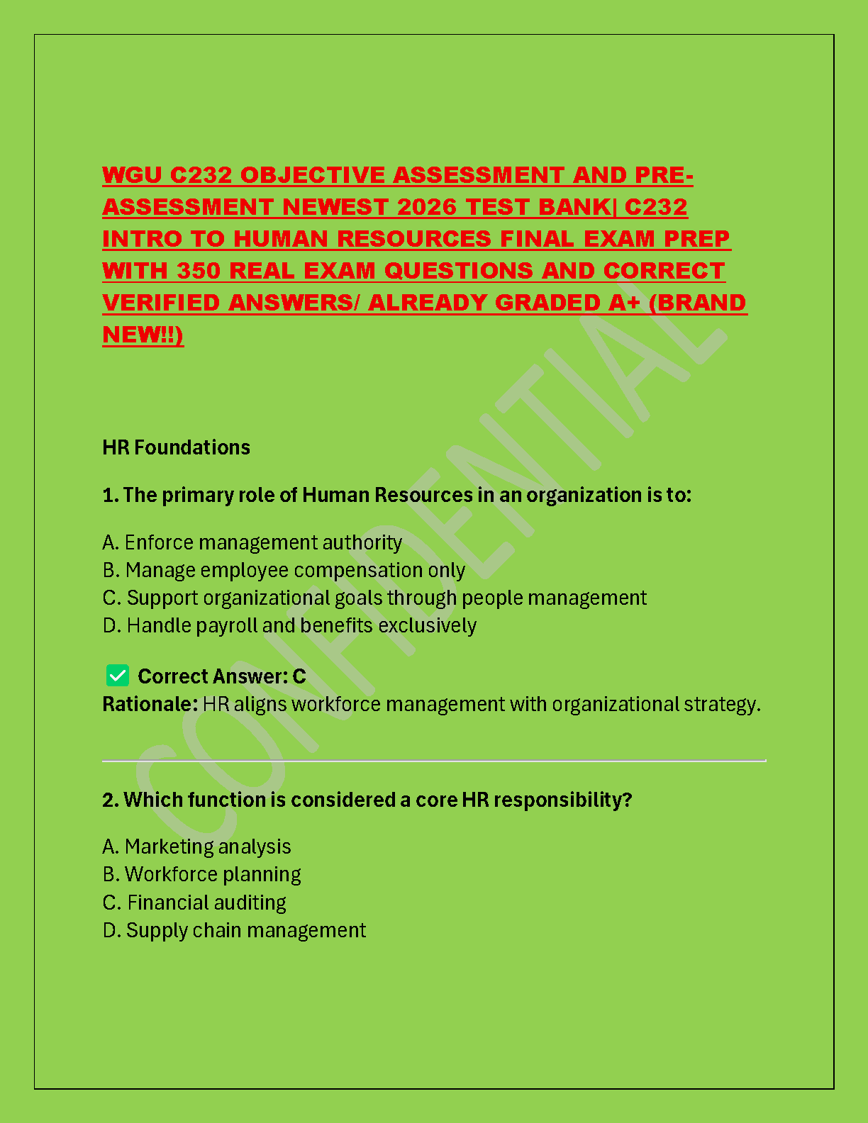 WGU C232 Intro to Human Resources Test Bank (2026 Edition): Master Objective & Pre-Assessments with 350+ Verified Questions